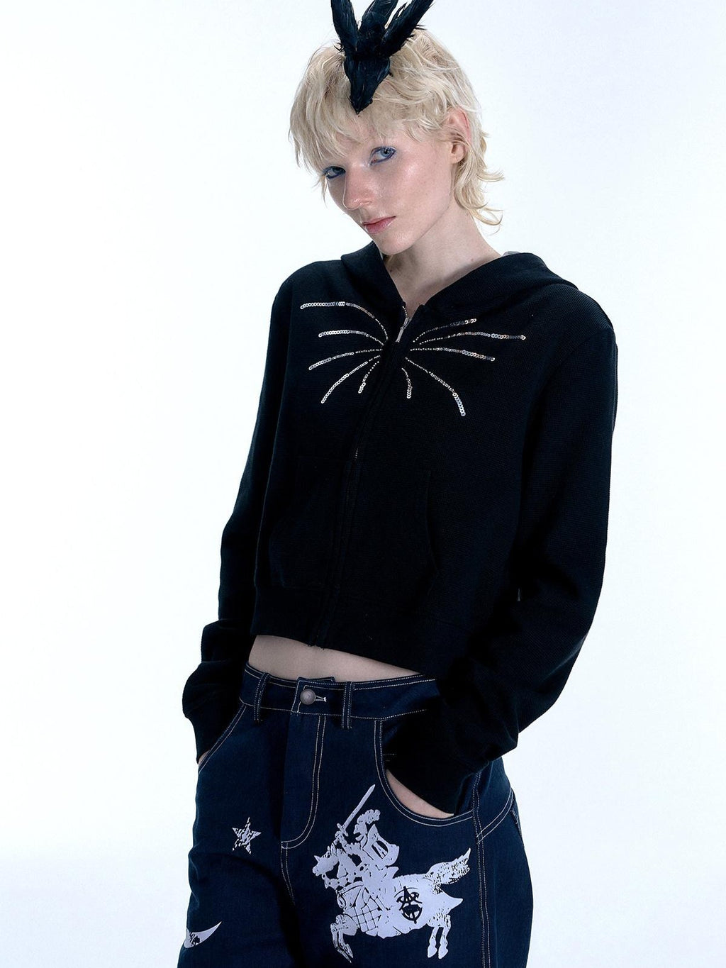 APRIORITY Firework Sequin Embroidered Slim Cropped Women's Cotton Blend Zip-up Hoodies