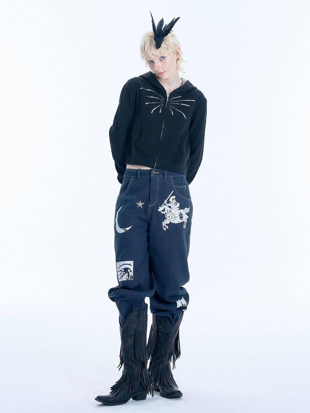 APRIORITY Firework Sequin Embroidered Slim Cropped Women's Cotton Blend Zip-up Hoodies