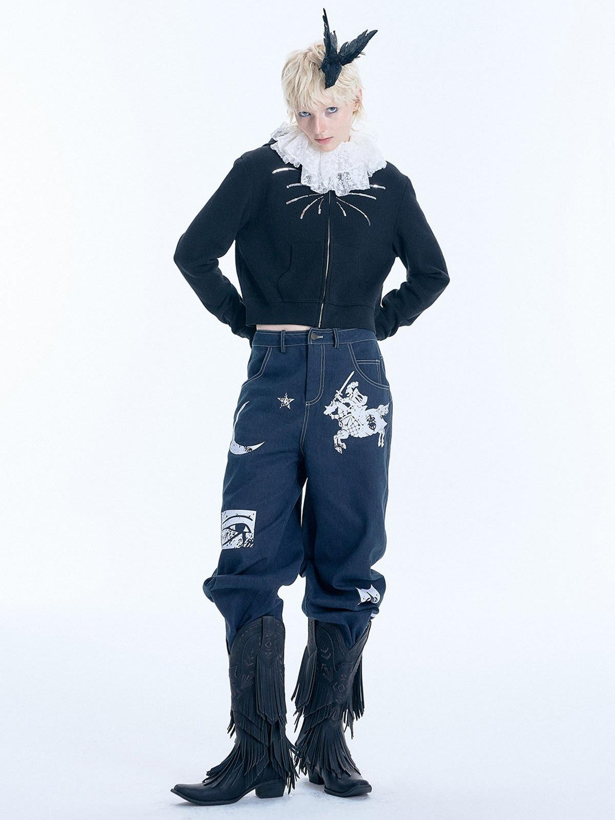 APRIORITY Firework Sequin Embroidered Slim Cropped Women's Cotton Blend Zip-up Hoodies