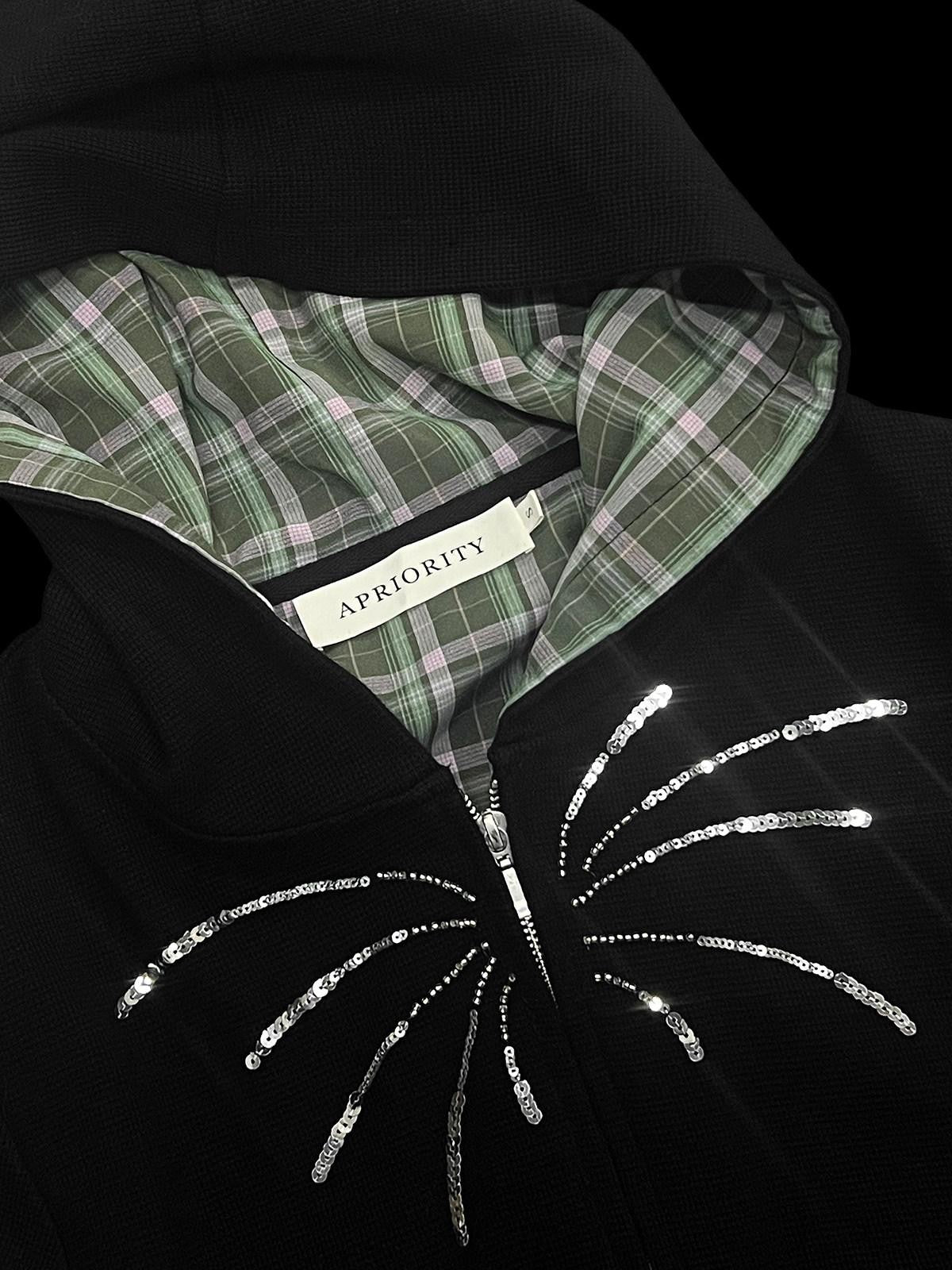 APRIORITY Firework Sequin Embroidered Slim Cropped Women's Cotton Blend Zip-up Hoodies