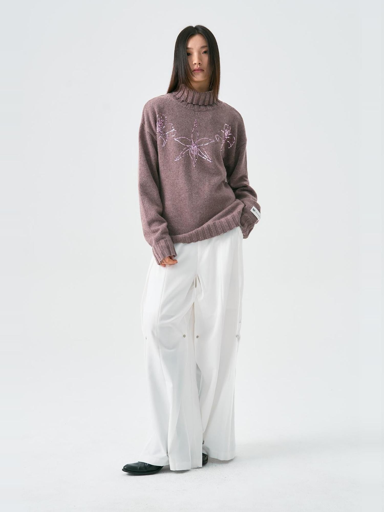 APRIORITY Floral Sequin Embroidered Women's Rabbit Wool Blend Turtleneck Sweaters