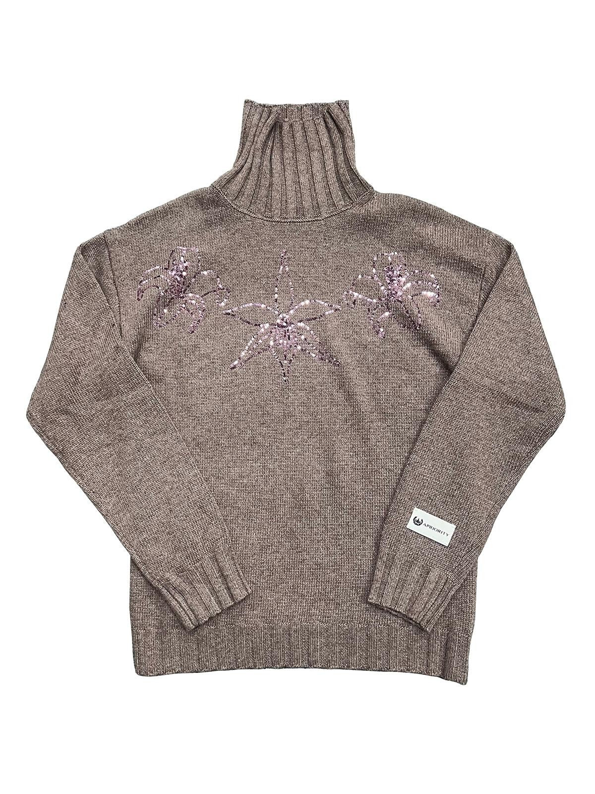APRIORITY Floral Sequin Embroidered Women's Rabbit Wool Blend Turtleneck Sweaters