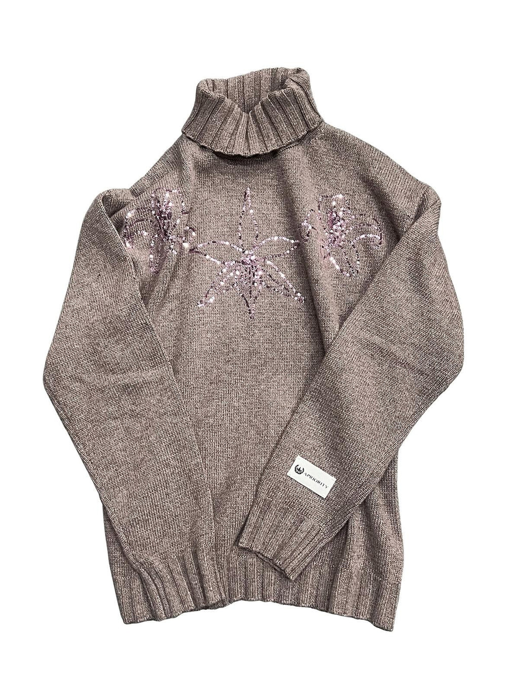 APRIORITY Floral Sequin Embroidered Women's Rabbit Wool Blend Turtleneck Sweaters