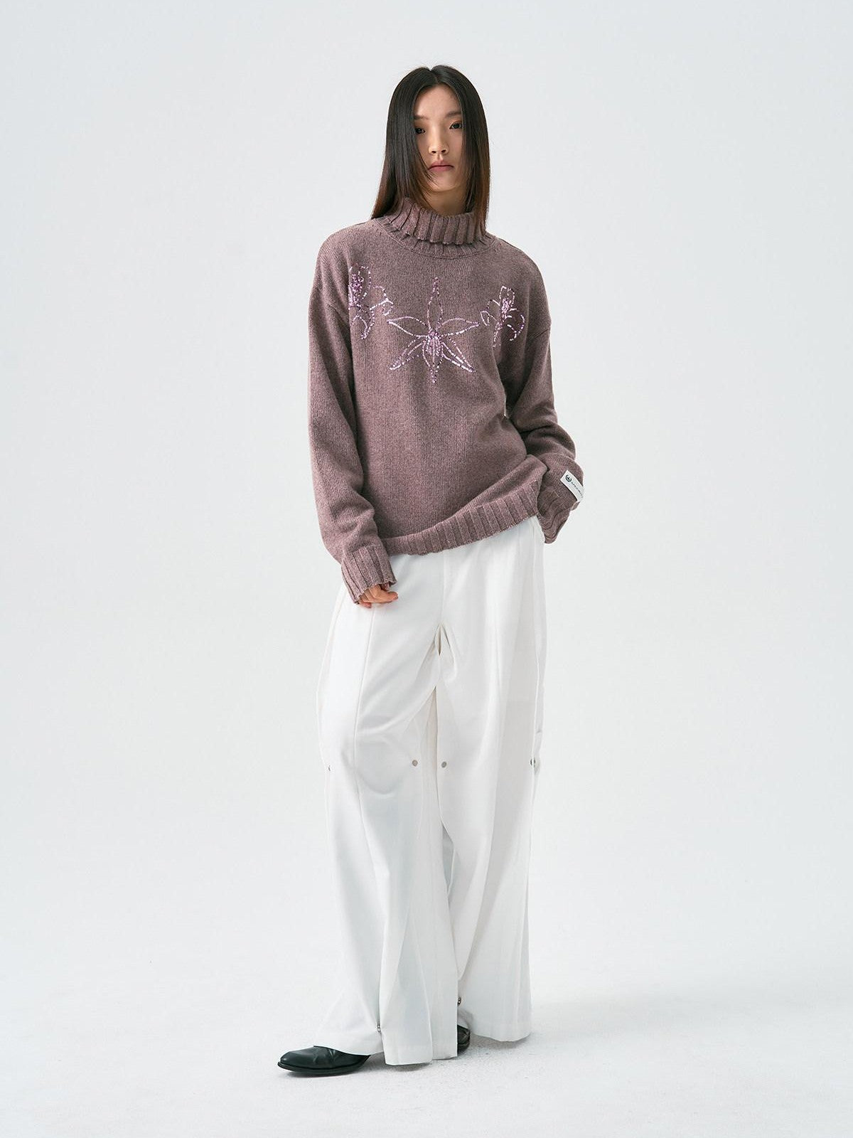 APRIORITY Floral Sequin Embroidered Women's Rabbit Wool Blend Turtleneck Sweaters