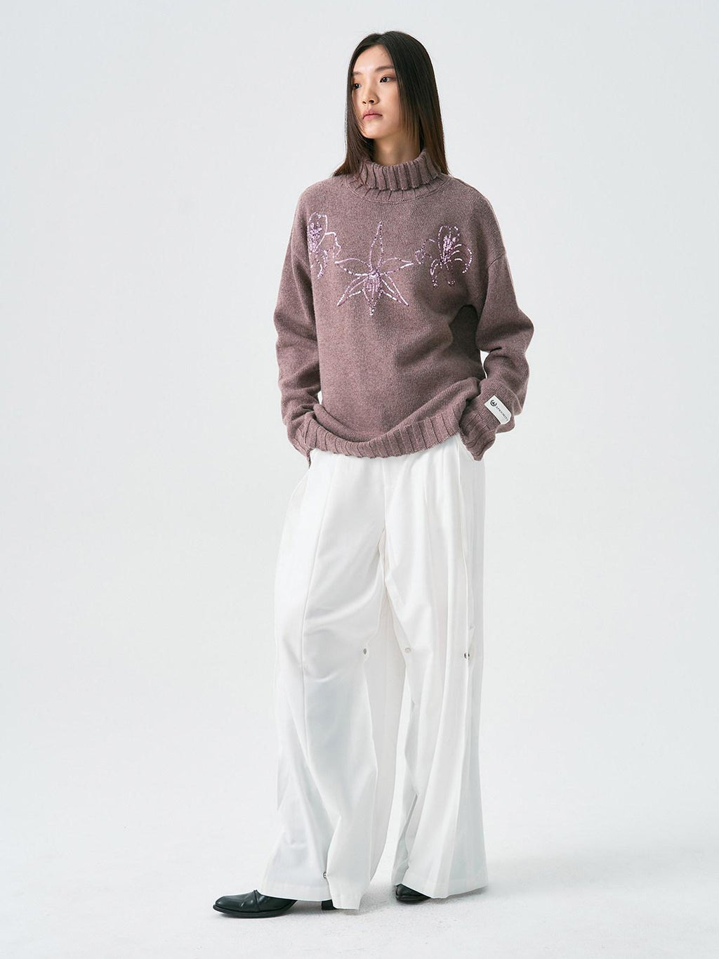 APRIORITY Floral Sequin Embroidered Women's Rabbit Wool Blend Turtleneck Sweaters