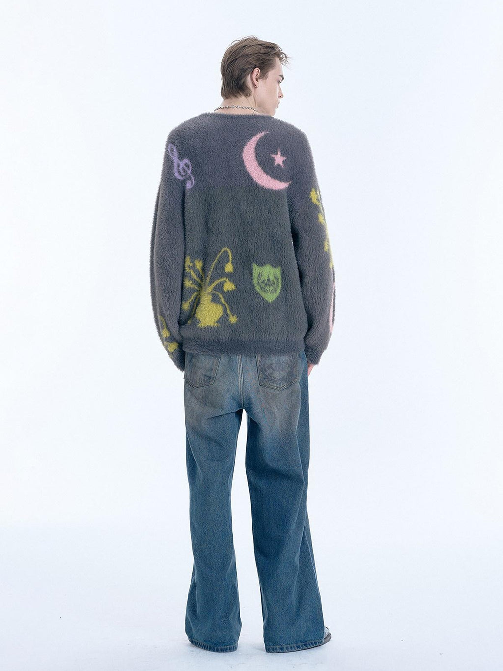 APRIORITY Flowers And Music Faux Mink Oversized Round Neck Women's Nylon Sweaters