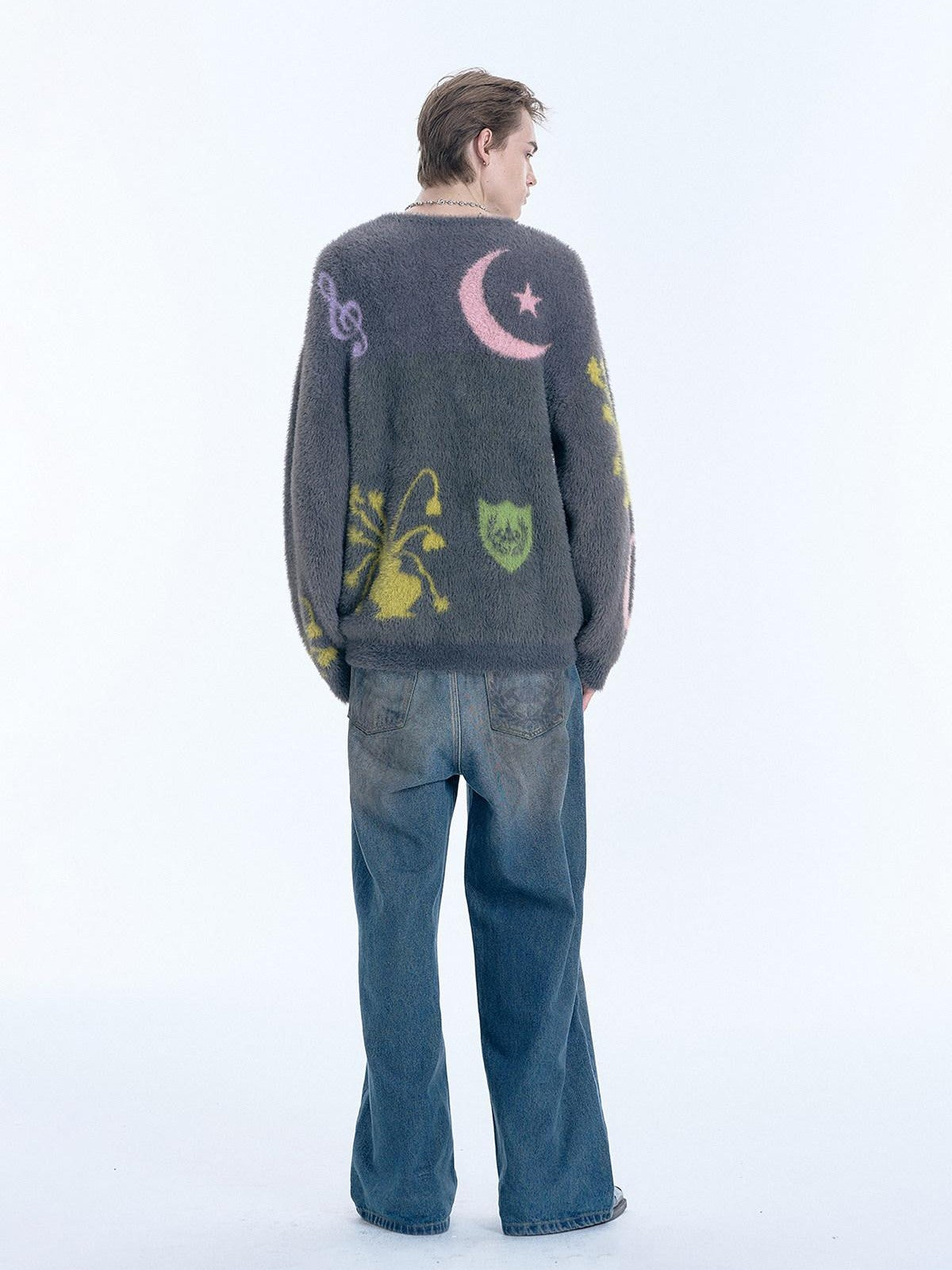 APRIORITY Flowers And Music Faux Mink Oversized Round Neck Women's Nylon Sweaters
