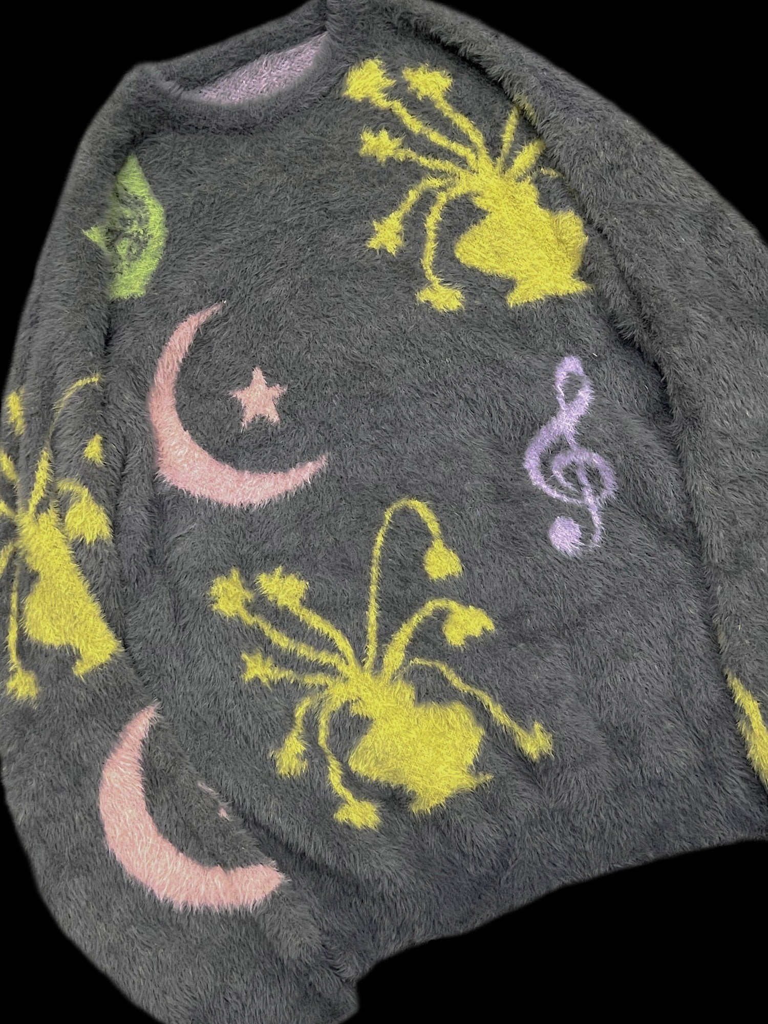 APRIORITY Flowers And Music Faux Mink Oversized Round Neck Women's Nylon Sweaters