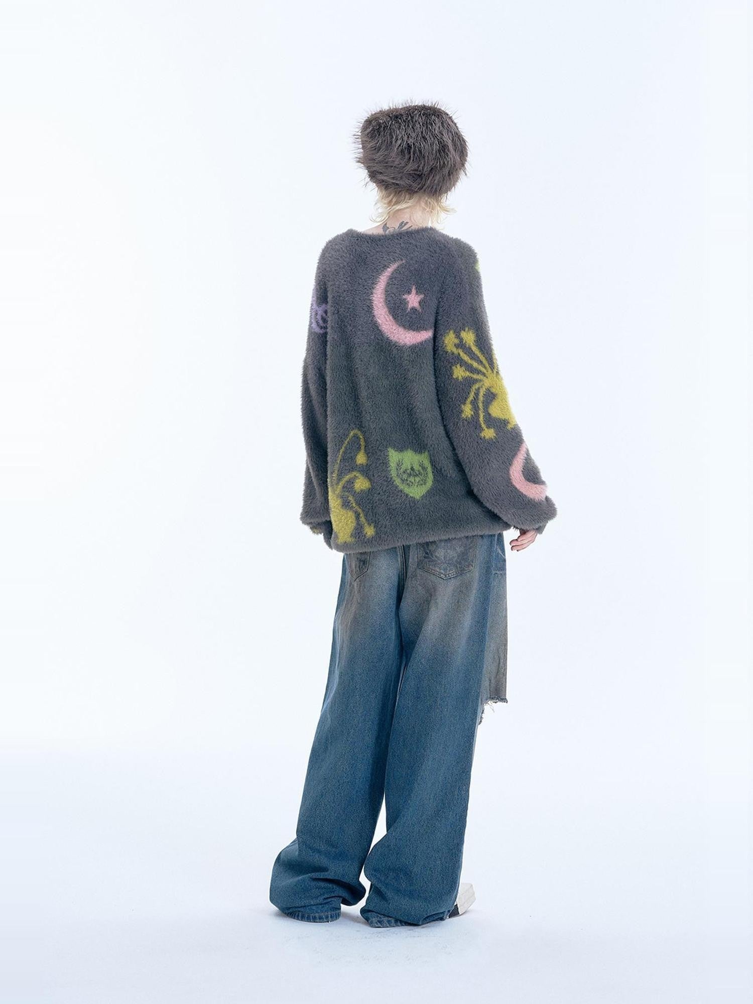 APRIORITY Flowers And Music Faux Mink Oversized Round Neck Women's Nylon Sweaters