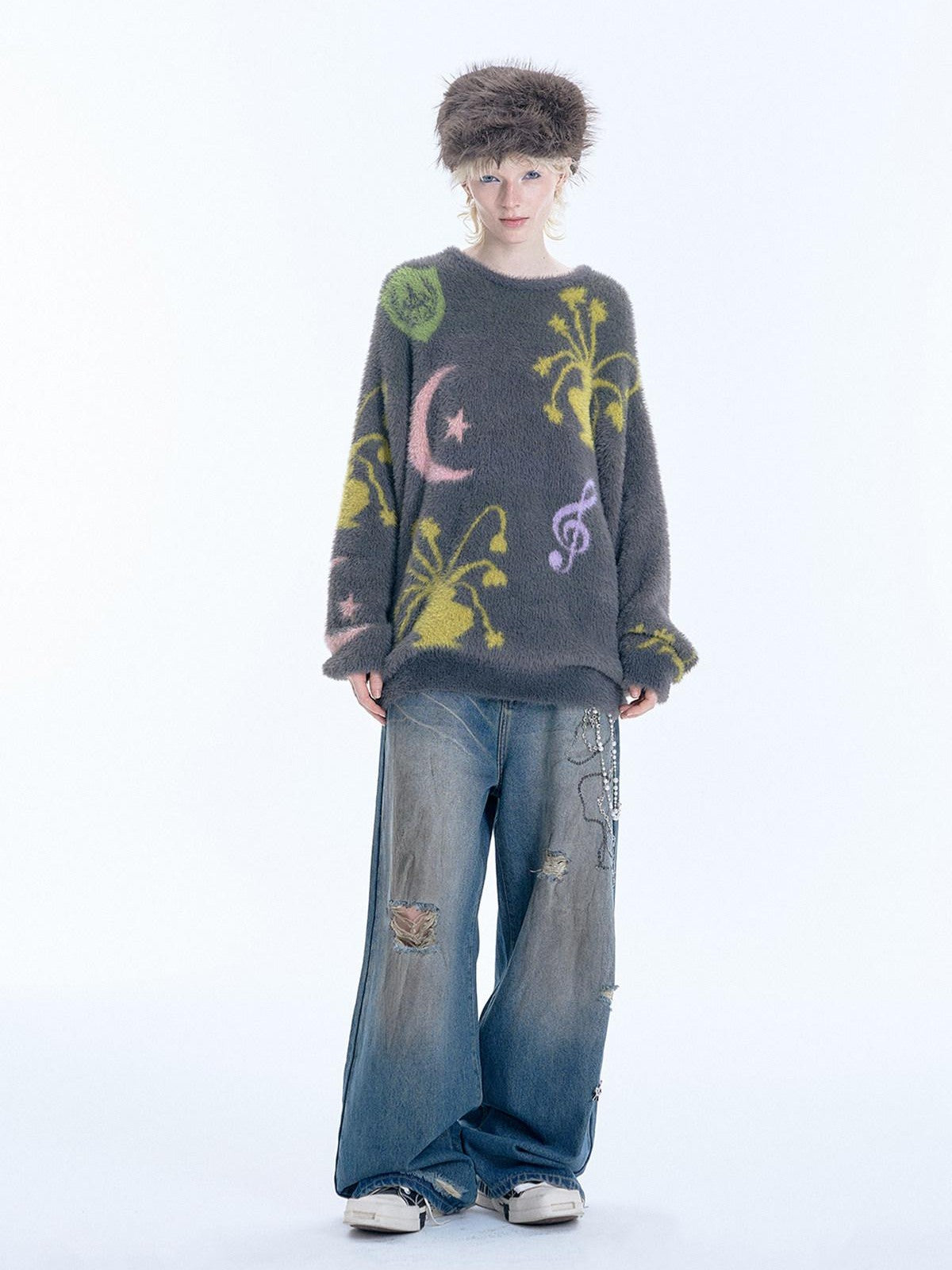 APRIORITY Flowers And Music Faux Mink Oversized Round Neck Women's Nylon Sweaters