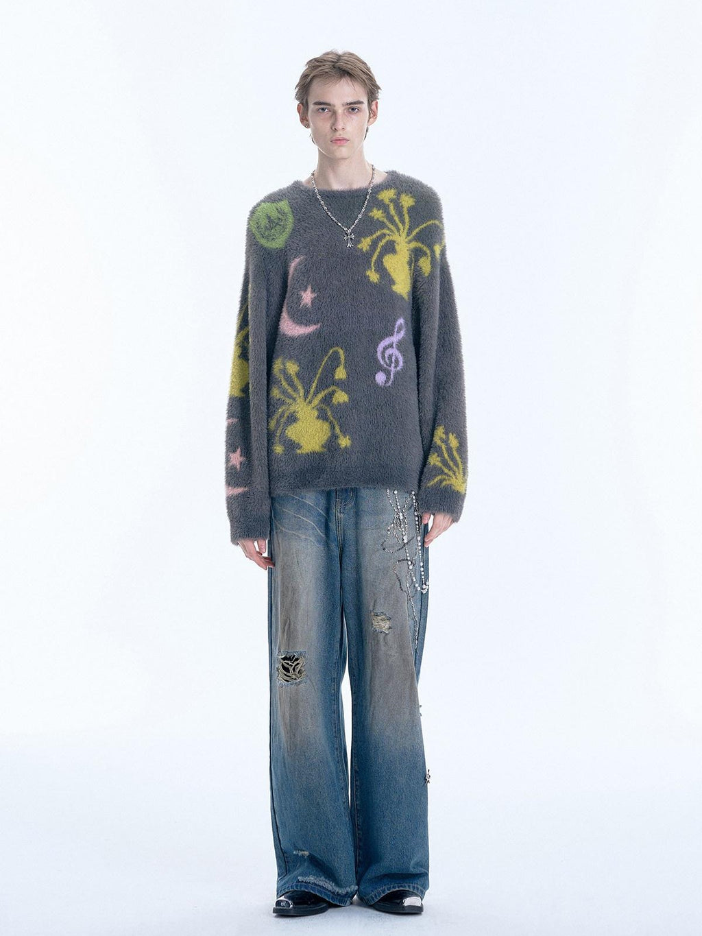 APRIORITY Flowers And Music Faux Mink Oversized Round Neck Women's Nylon Sweaters