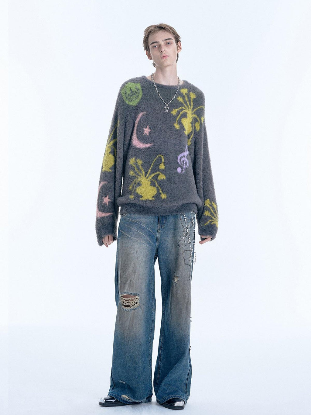 APRIORITY Flowers And Music Faux Mink Oversized Round Neck Women's Nylon Sweaters