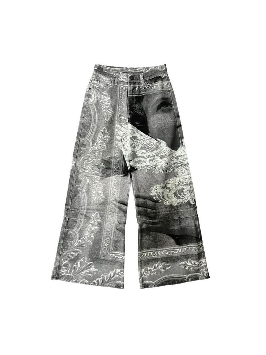 APRIORITY Flying Bird Digital Print Detachable Patchwork Women's Cotton Wide-leg Jeans