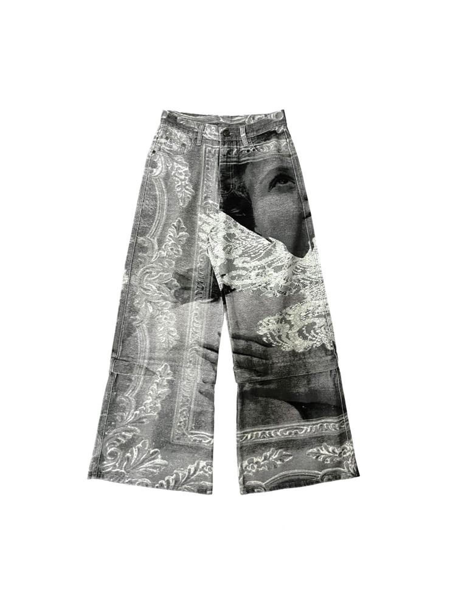 APRIORITY Flying Bird Digital Print Detachable Patchwork Women's Cotton Wide-leg Jeans