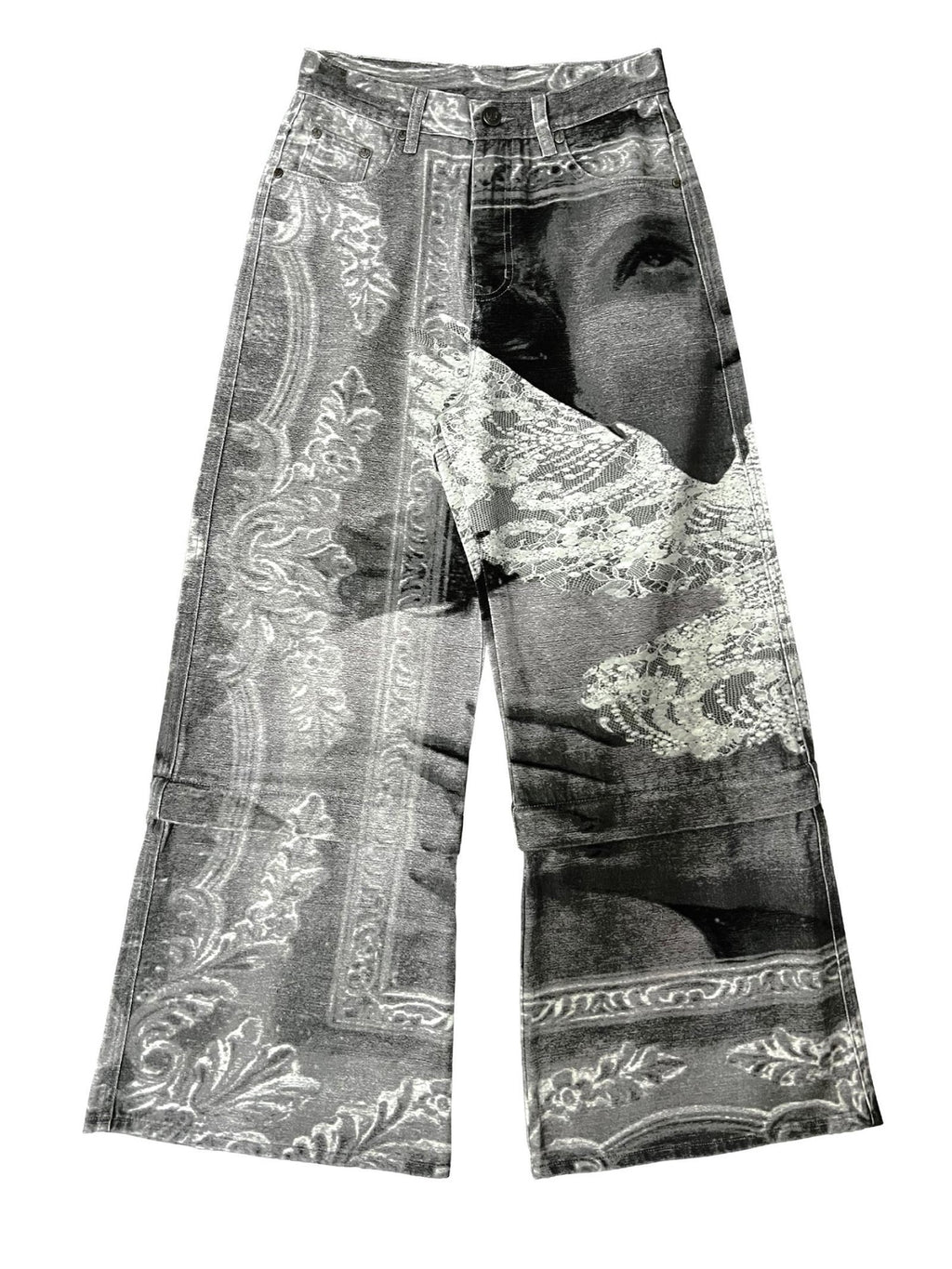 APRIORITY Flying Bird Digital Print Detachable Patchwork Women's Cotton Wide-leg Jeans