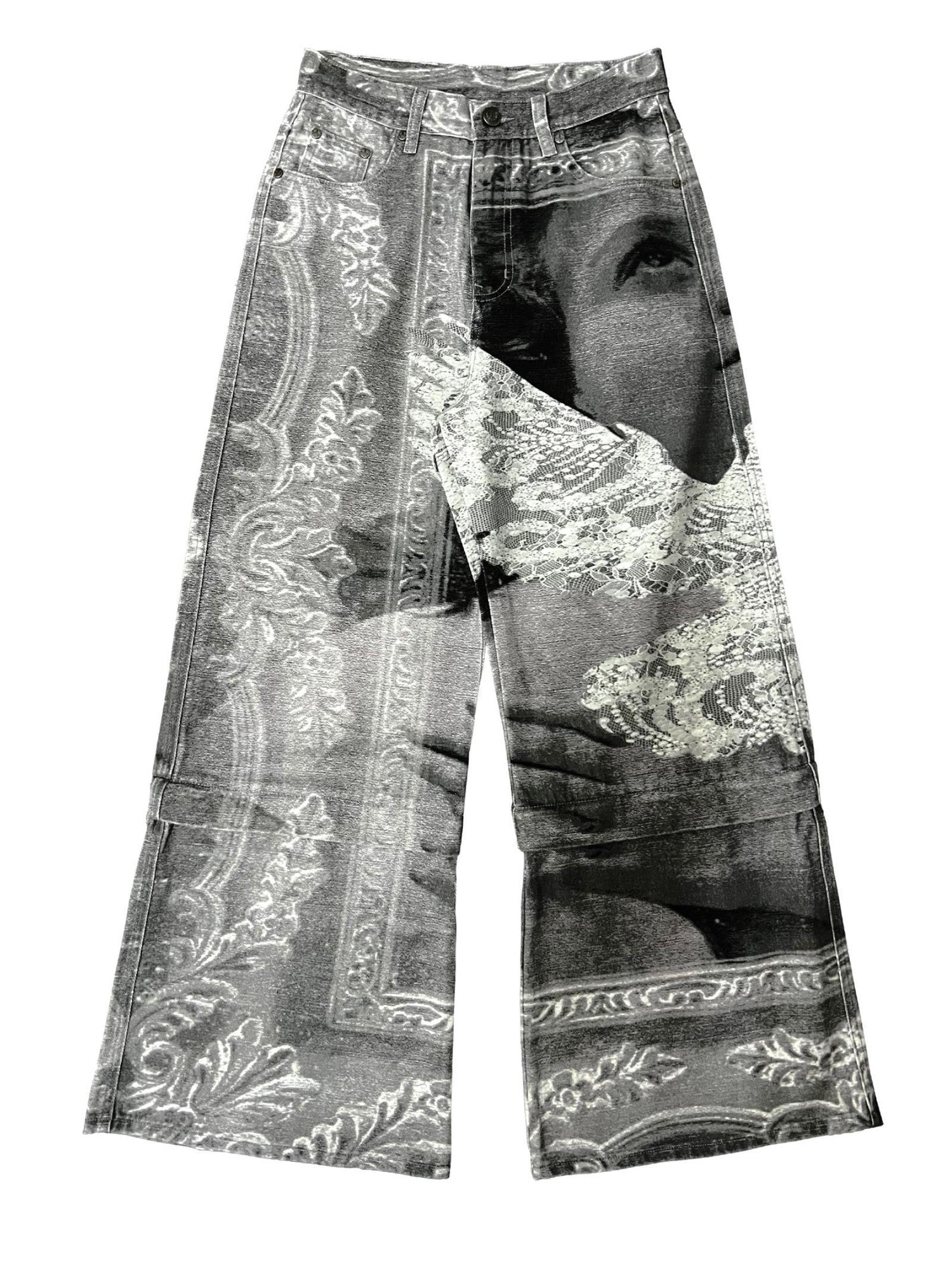 APRIORITY Flying Bird Digital Print Detachable Patchwork Women's Cotton Wide-leg Jeans