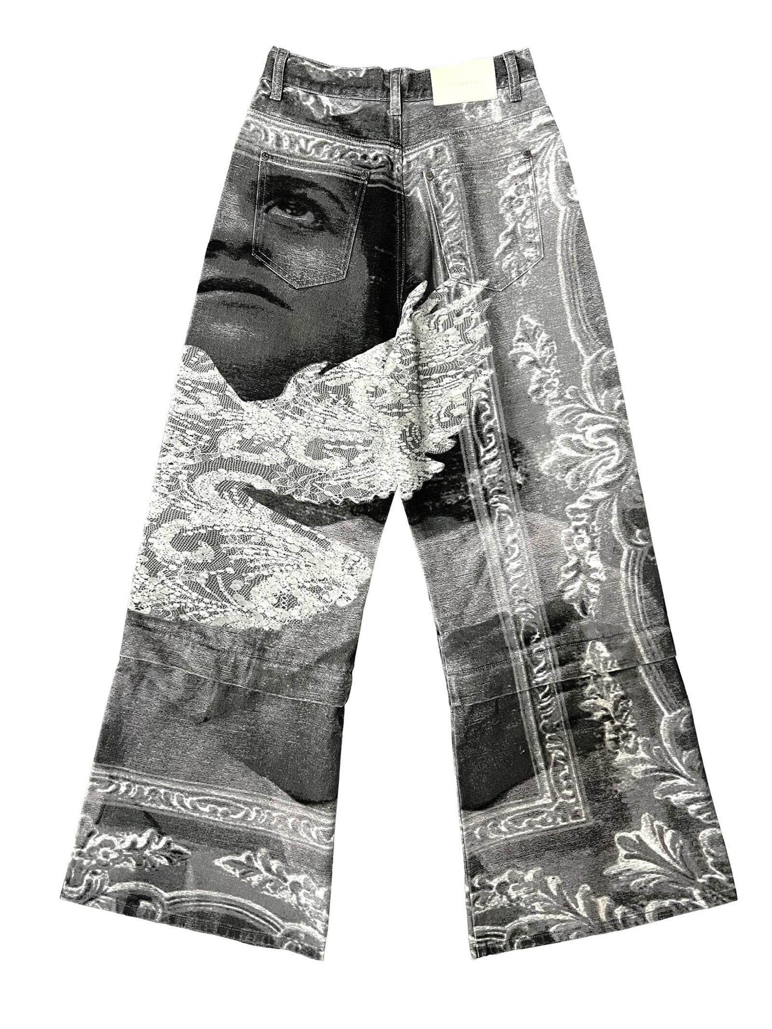 APRIORITY Flying Bird Digital Print Detachable Patchwork Women's Cotton Wide-leg Jeans