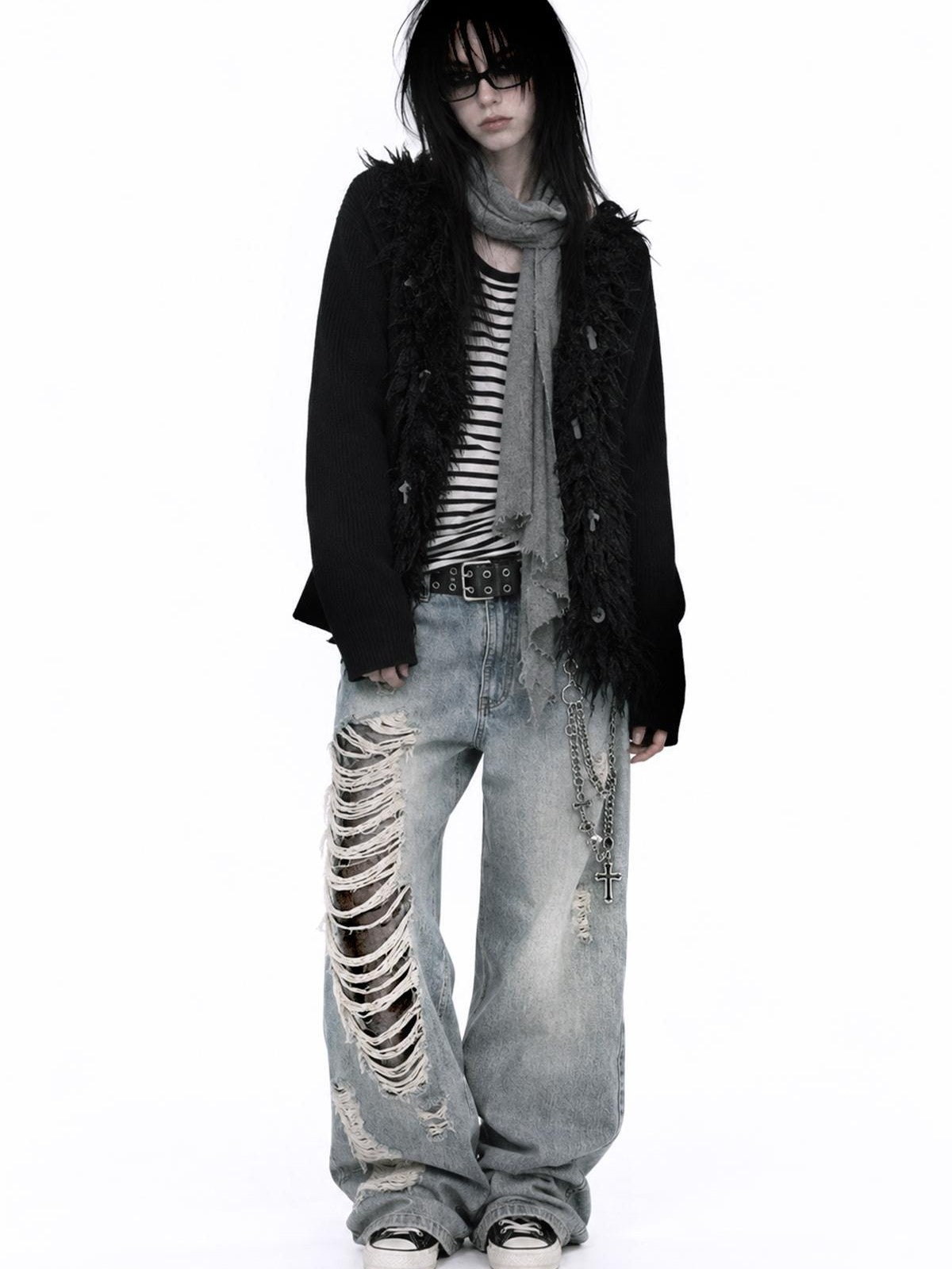 APRIORITY Gothic Cross Pendant Print Faux Fur V-neck Women's Knit Cardigans