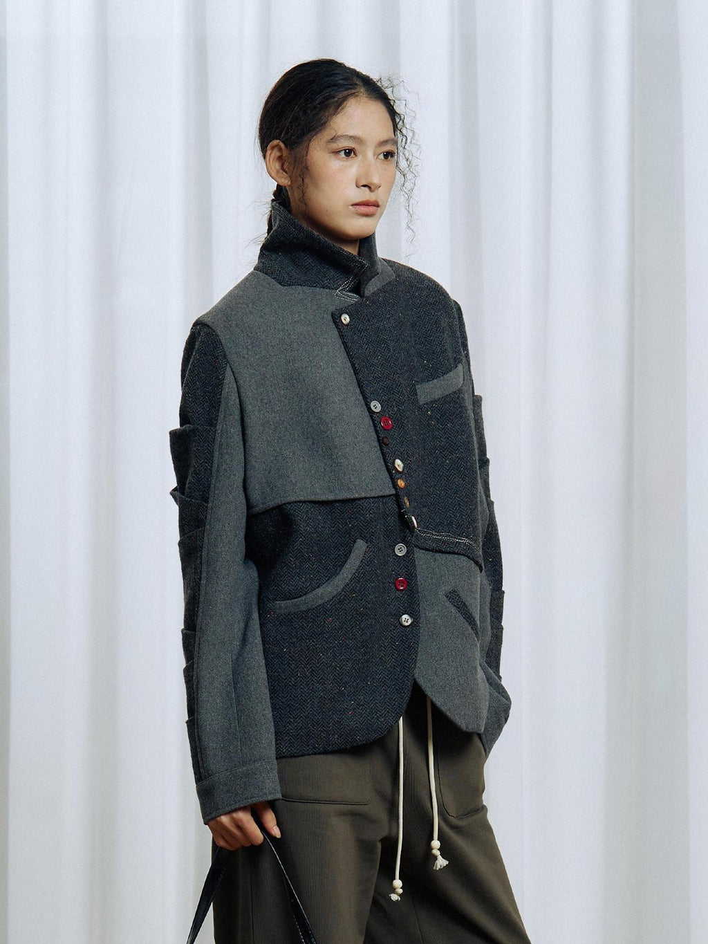 APRIORITY Gray Asymmetric Pleated Splice Rounded Hem Women's Wool Blend Blazers