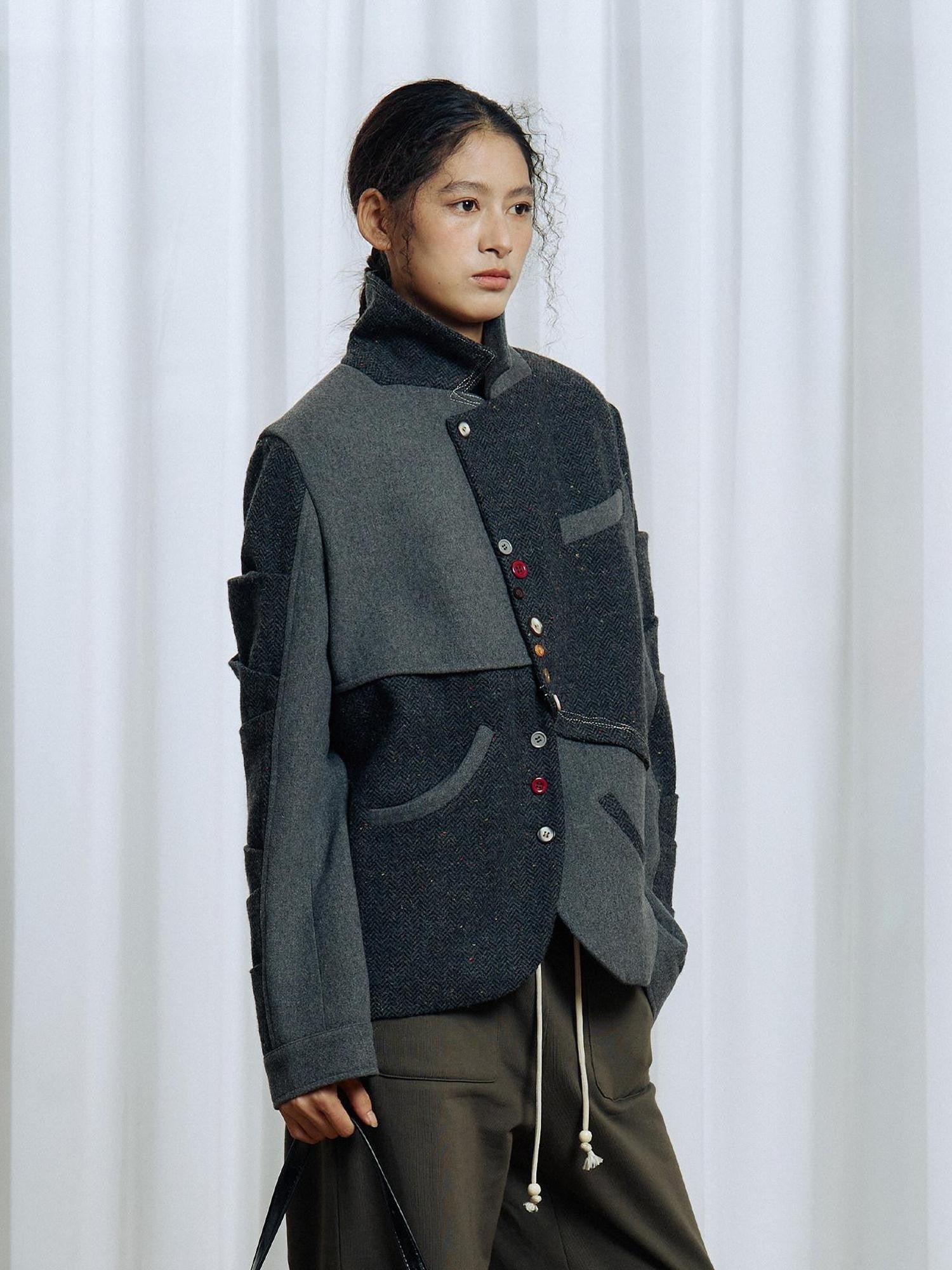 APRIORITY Gray Asymmetric Pleated Splice Rounded Hem Women's Wool Blend Blazers