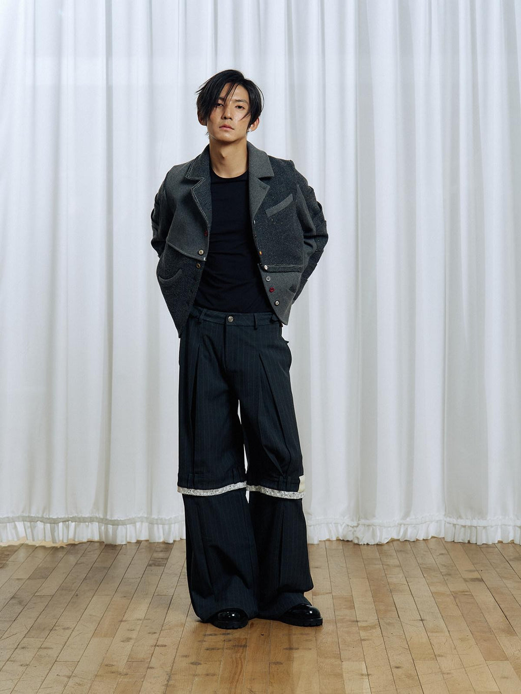 APRIORITY Gray Asymmetric Pleated Splice Rounded Hem Women's Wool Blend Blazers
