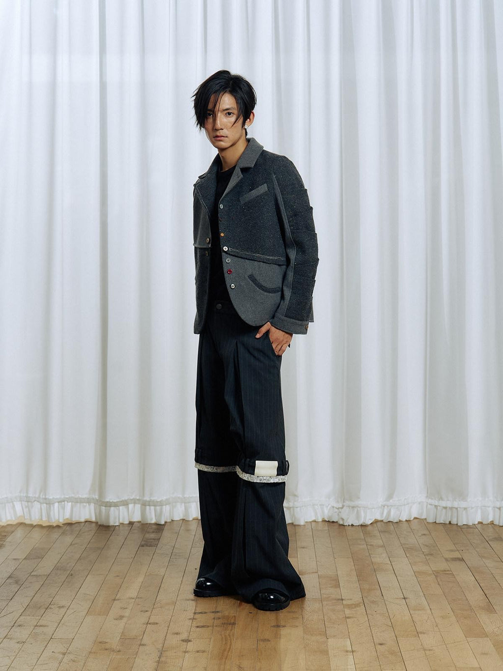 APRIORITY Gray Asymmetric Pleated Splice Rounded Hem Women's Wool Blend Blazers