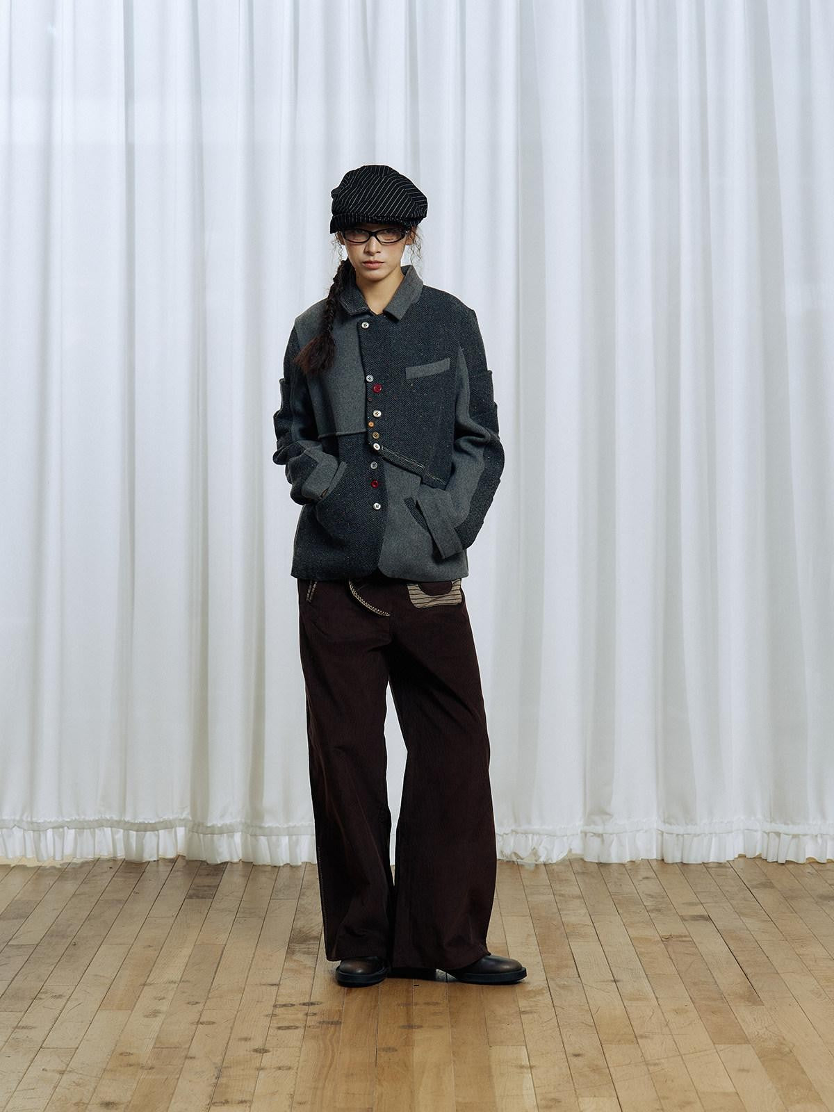 APRIORITY Gray Asymmetric Pleated Splice Rounded Hem Women's Wool Blend Blazers