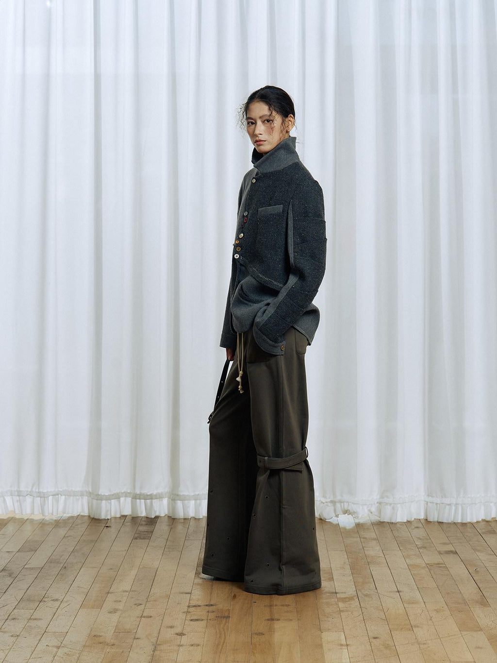 APRIORITY Gray Asymmetric Pleated Splice Rounded Hem Women's Wool Blend Blazers