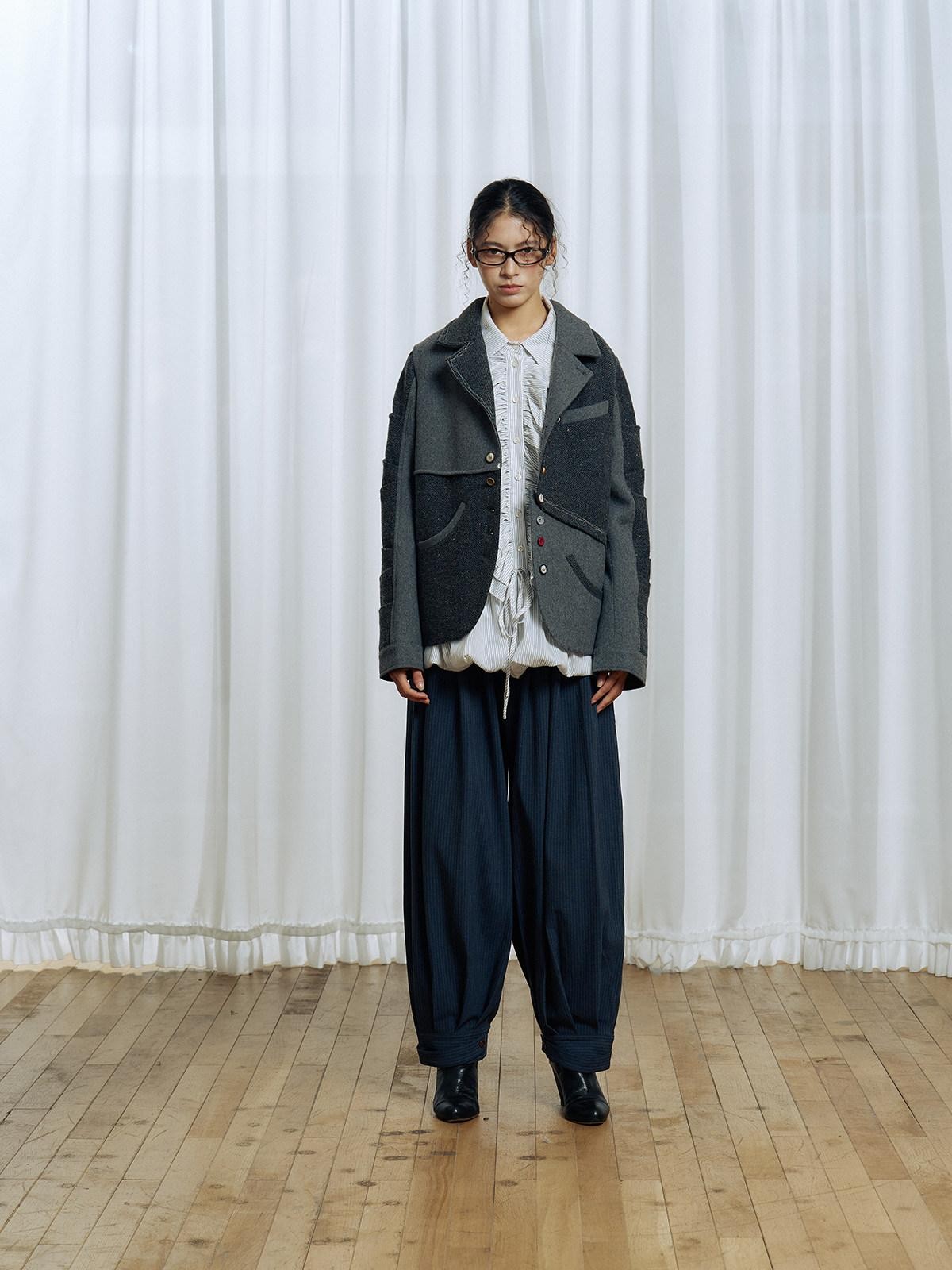 APRIORITY Gray Asymmetric Pleated Splice Rounded Hem Women's Wool Blend Blazers