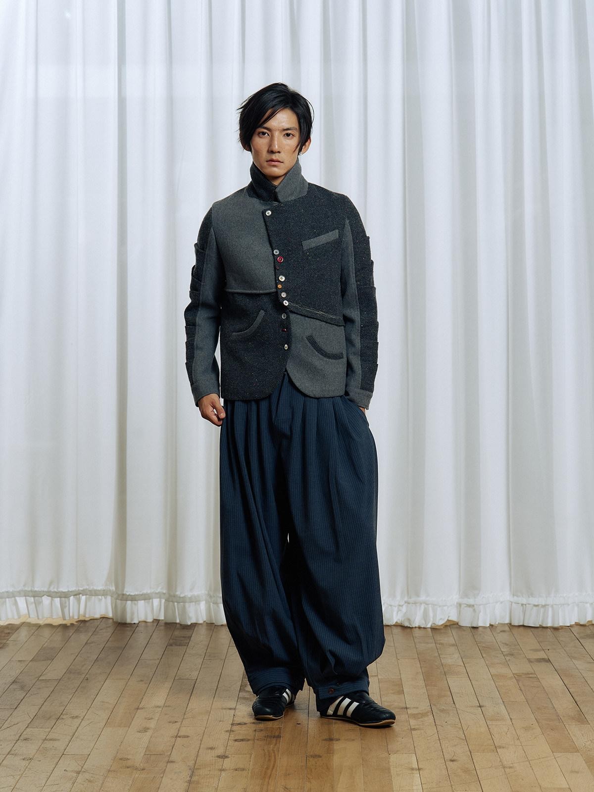 APRIORITY Gray Asymmetric Pleated Splice Rounded Hem Women's Wool Blend Blazers