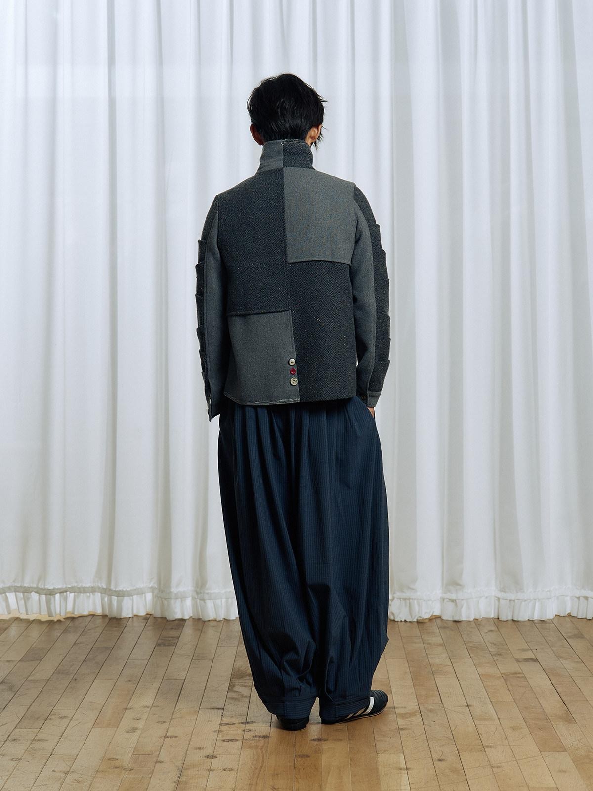 APRIORITY Gray Asymmetric Pleated Splice Rounded Hem Women's Wool Blend Blazers