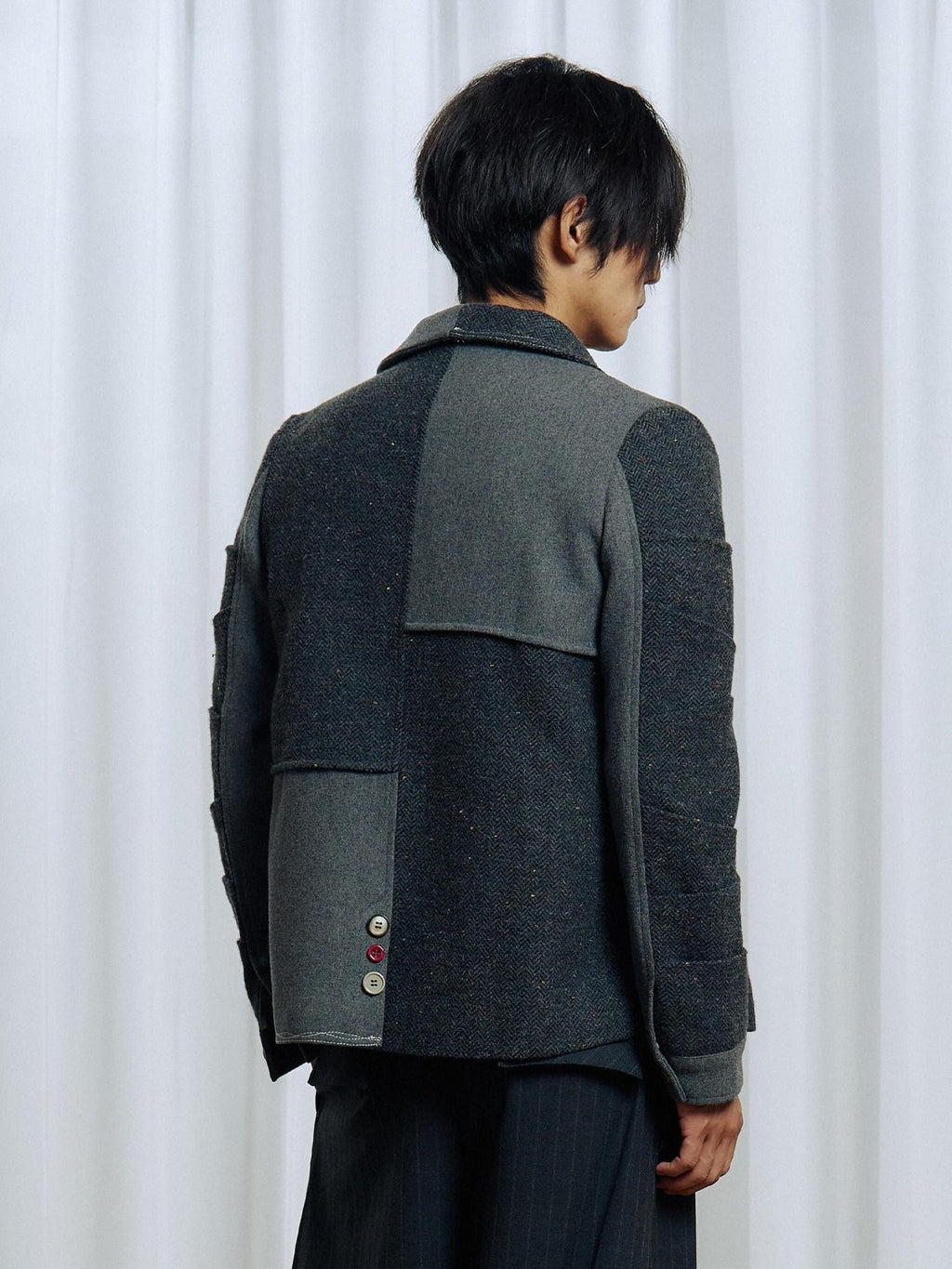 APRIORITY Gray Asymmetric Pleated Splice Rounded Hem Women's Wool Blend Blazers