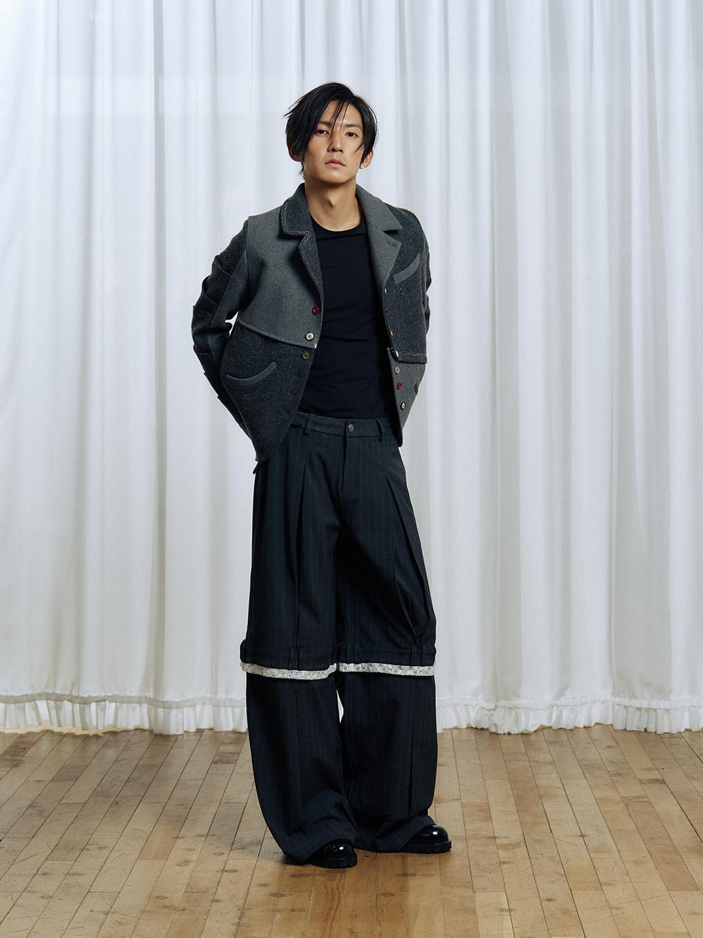 APRIORITY Gray Asymmetric Pleated Splice Rounded Hem Women's Wool Blend Blazers