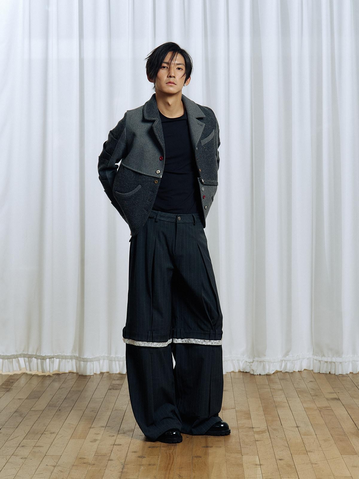 APRIORITY Gray Asymmetric Pleated Splice Rounded Hem Women's Wool Blend Blazers