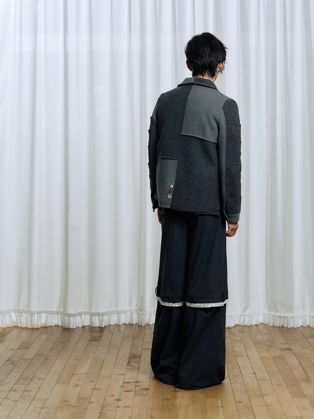 APRIORITY Gray Asymmetric Pleated Splice Rounded Hem Women's Wool Blend Blazers