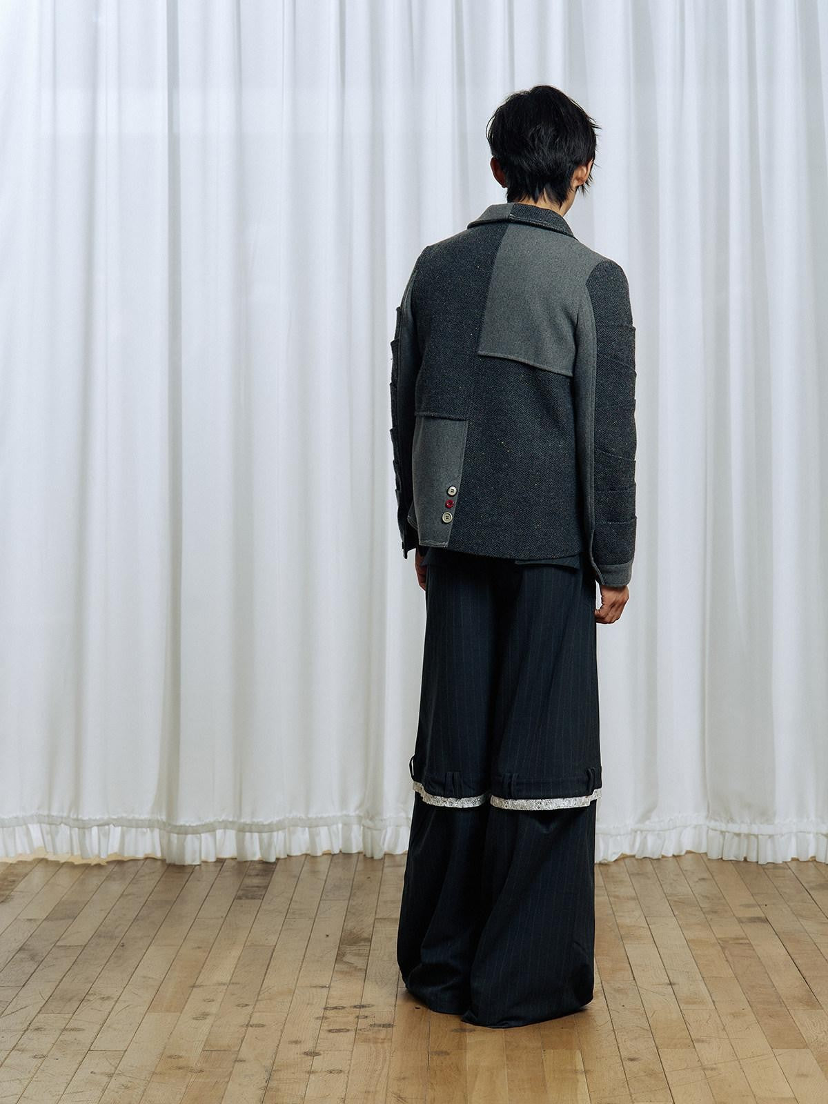 APRIORITY Gray Asymmetric Pleated Splice Rounded Hem Women's Wool Blend Blazers
