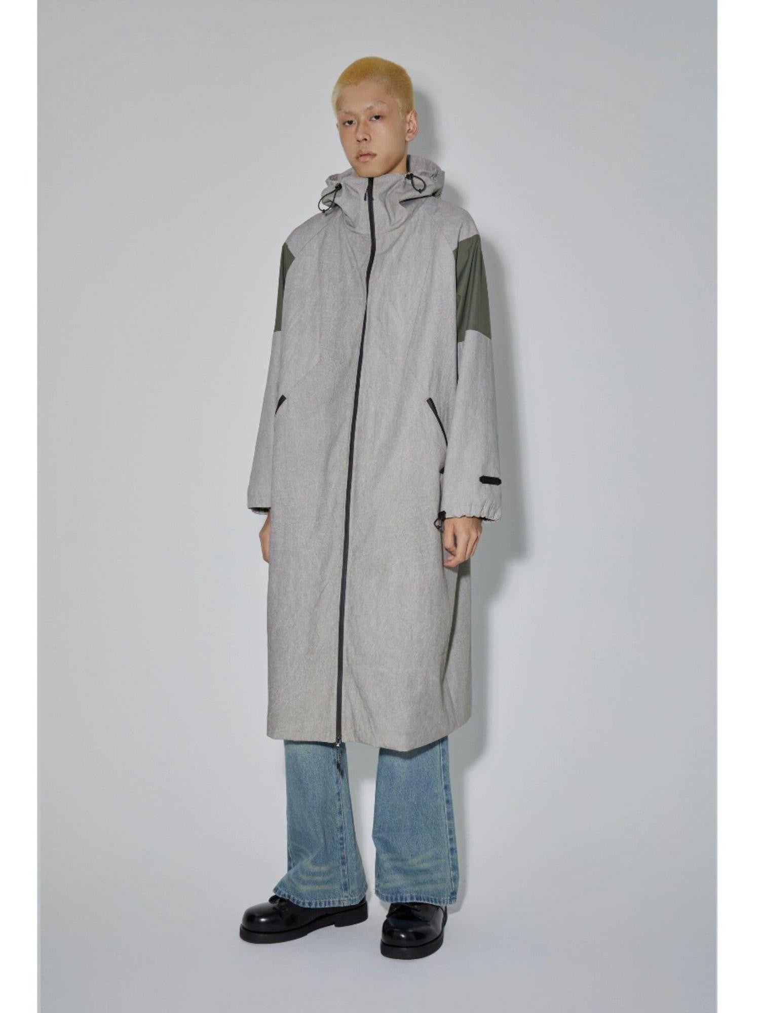 APRIORITY Gray Hooded Zip Oversized Long Functional Japanese Retro Women's Trench Coats