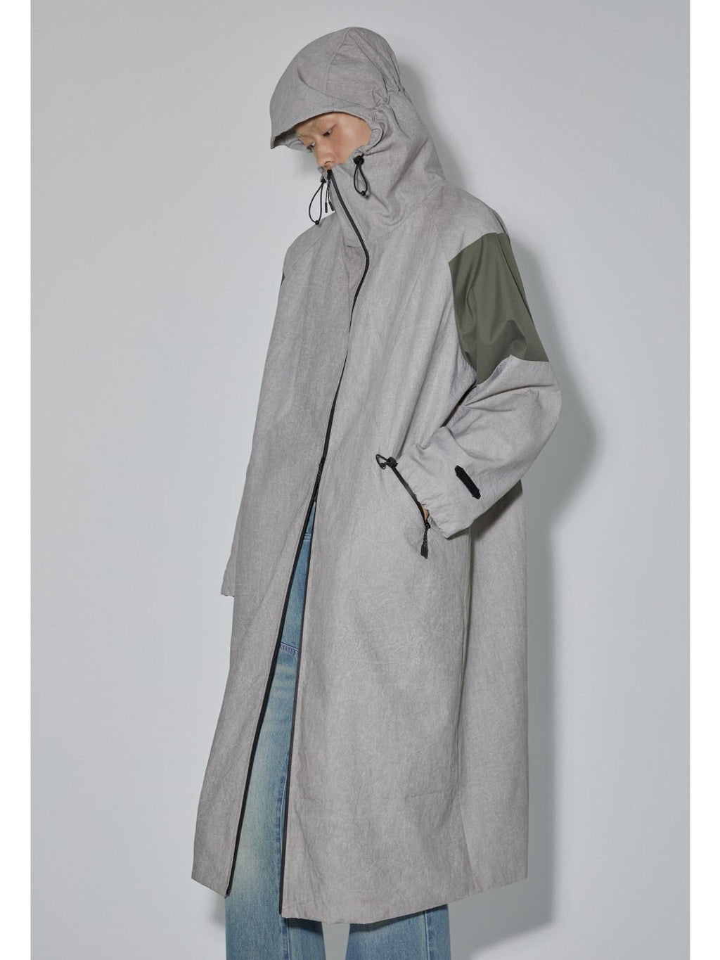APRIORITY Gray Hooded Zip Oversized Long Functional Japanese Retro Women's Trench Coats
