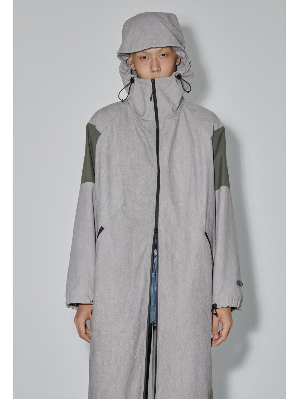 APRIORITY Gray Hooded Zip Oversized Long Functional Japanese Retro Women's Trench Coats