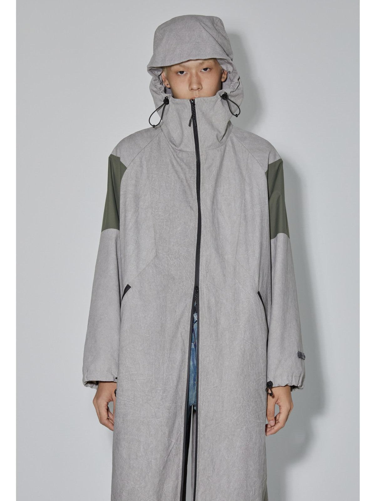 APRIORITY Gray Hooded Zip Oversized Long Functional Japanese Retro Women's Trench Coats