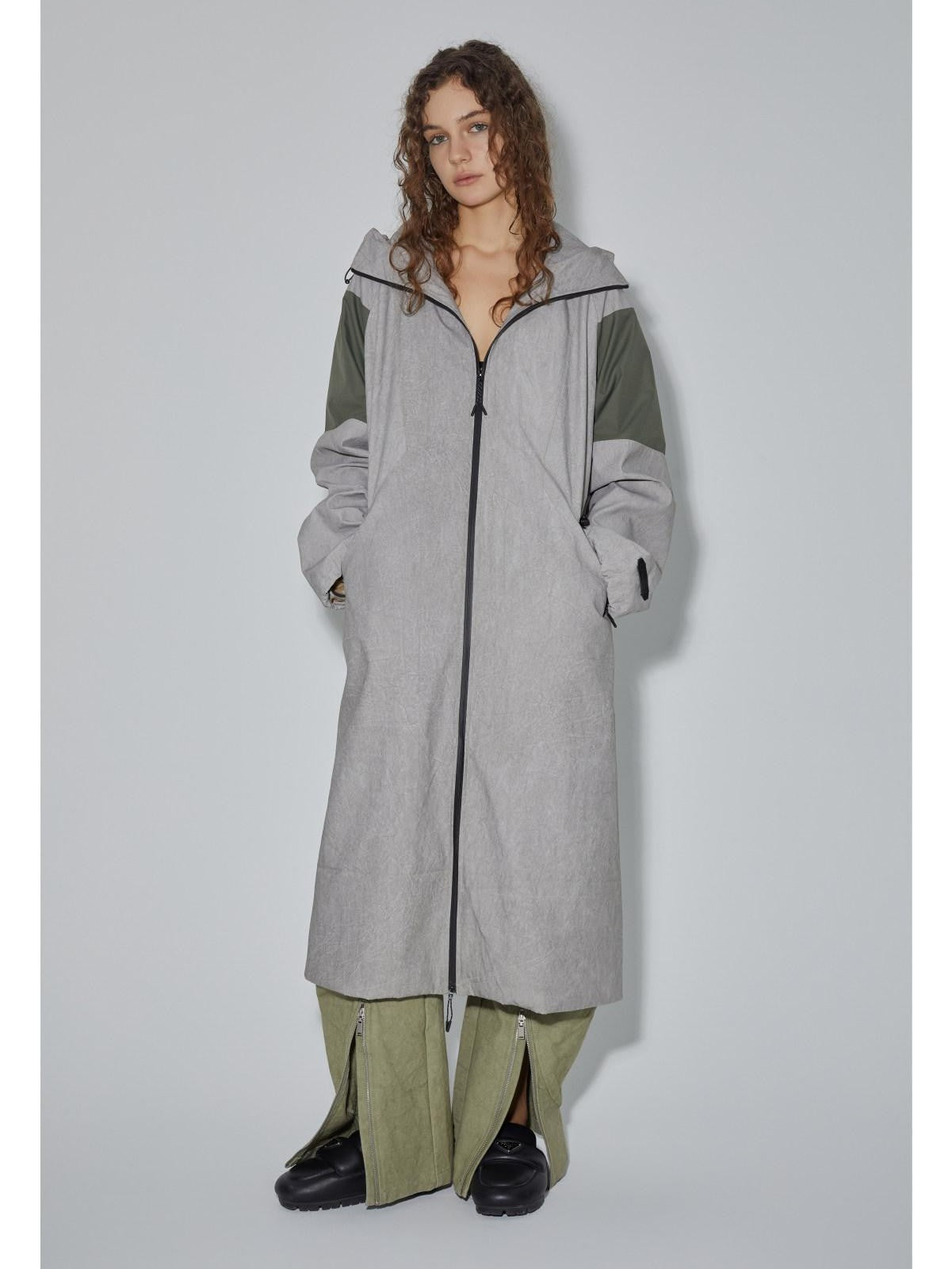 APRIORITY Gray Hooded Zip Oversized Long Functional Japanese Retro Women's Trench Coats