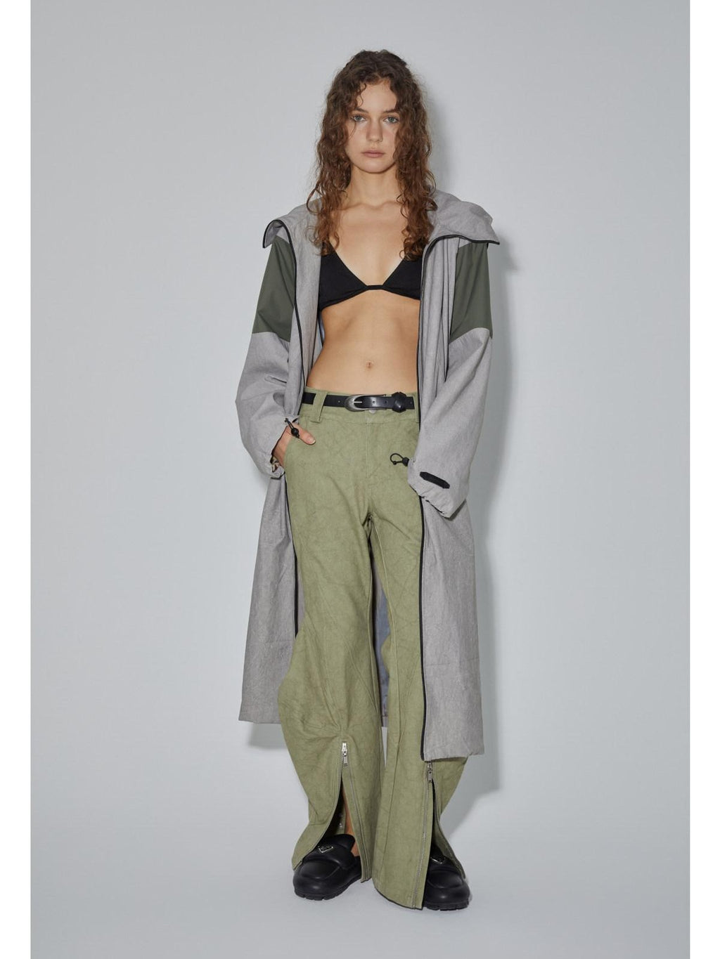APRIORITY Gray Hooded Zip Oversized Long Functional Japanese Retro Women's Trench Coats