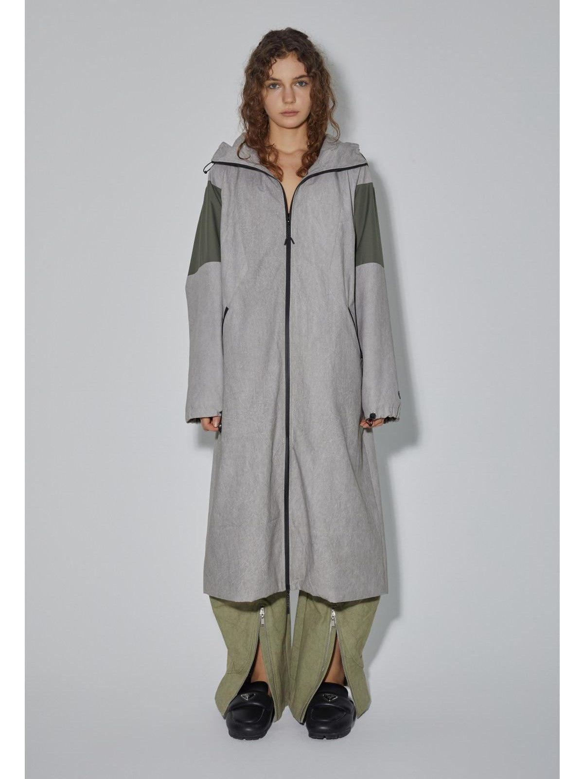 APRIORITY Gray Hooded Zip Oversized Long Functional Japanese Retro Women's Trench Coats