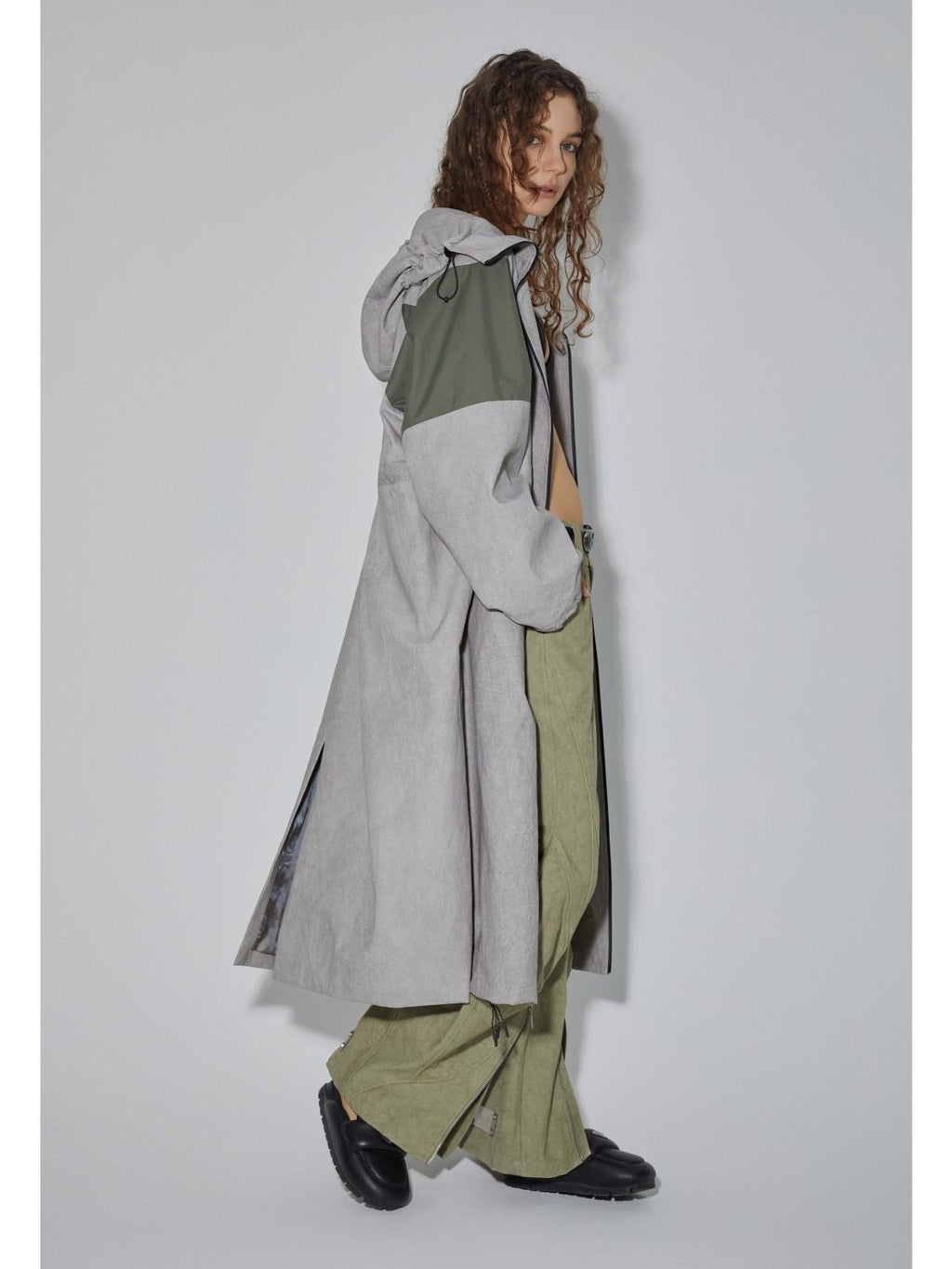 APRIORITY Gray Hooded Zip Oversized Long Functional Japanese Retro Women's Trench Coats