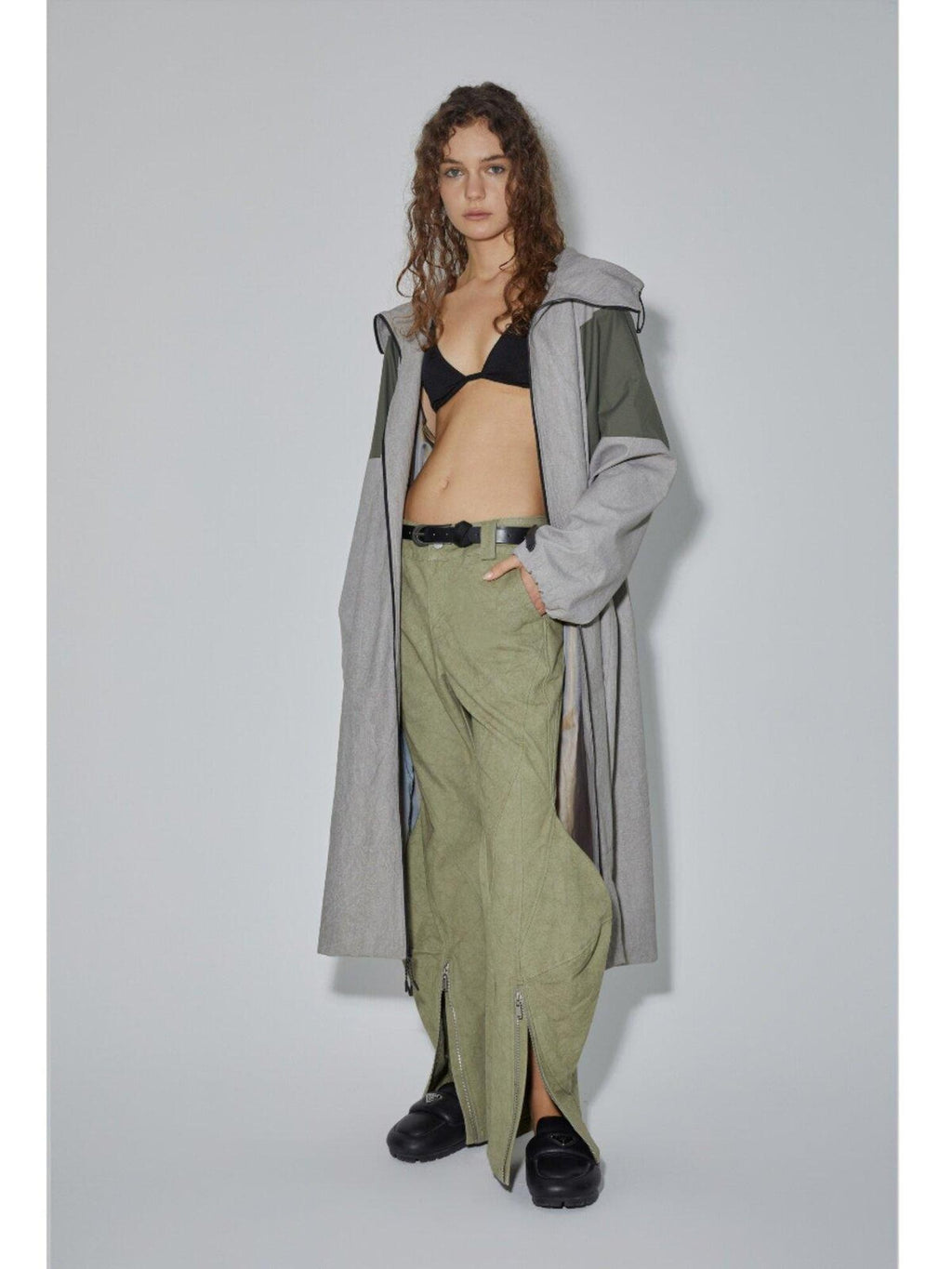 APRIORITY Gray Hooded Zip Oversized Long Functional Japanese Retro Women's Trench Coats