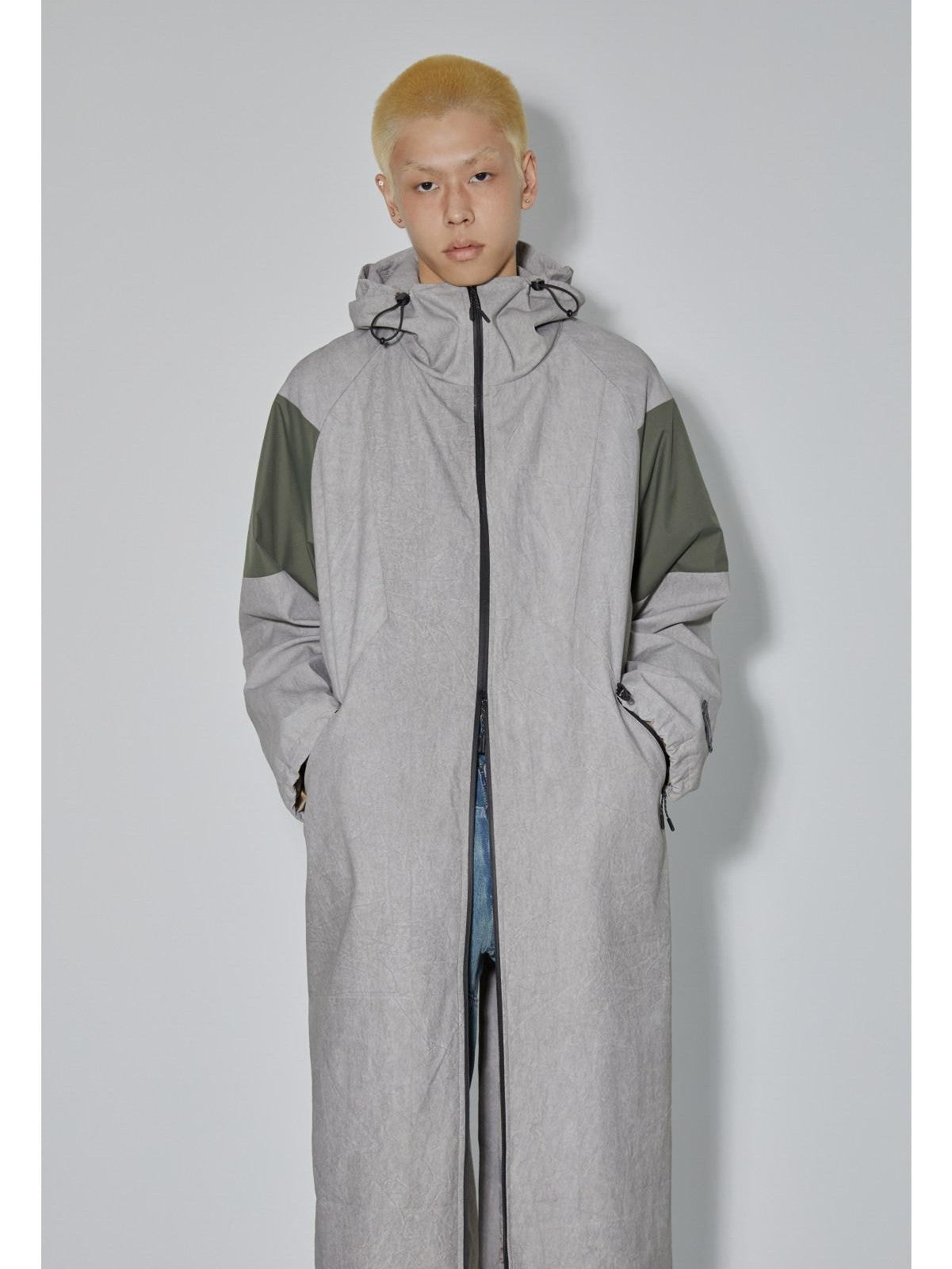 APRIORITY Gray Hooded Zip Oversized Long Functional Japanese Retro Women's Trench Coats