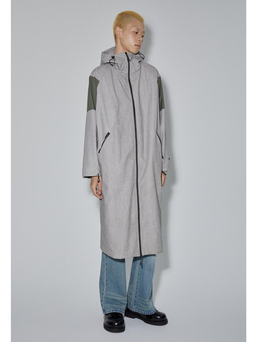 APRIORITY Gray Hooded Zip Oversized Long Functional Japanese Retro Women's Trench Coats