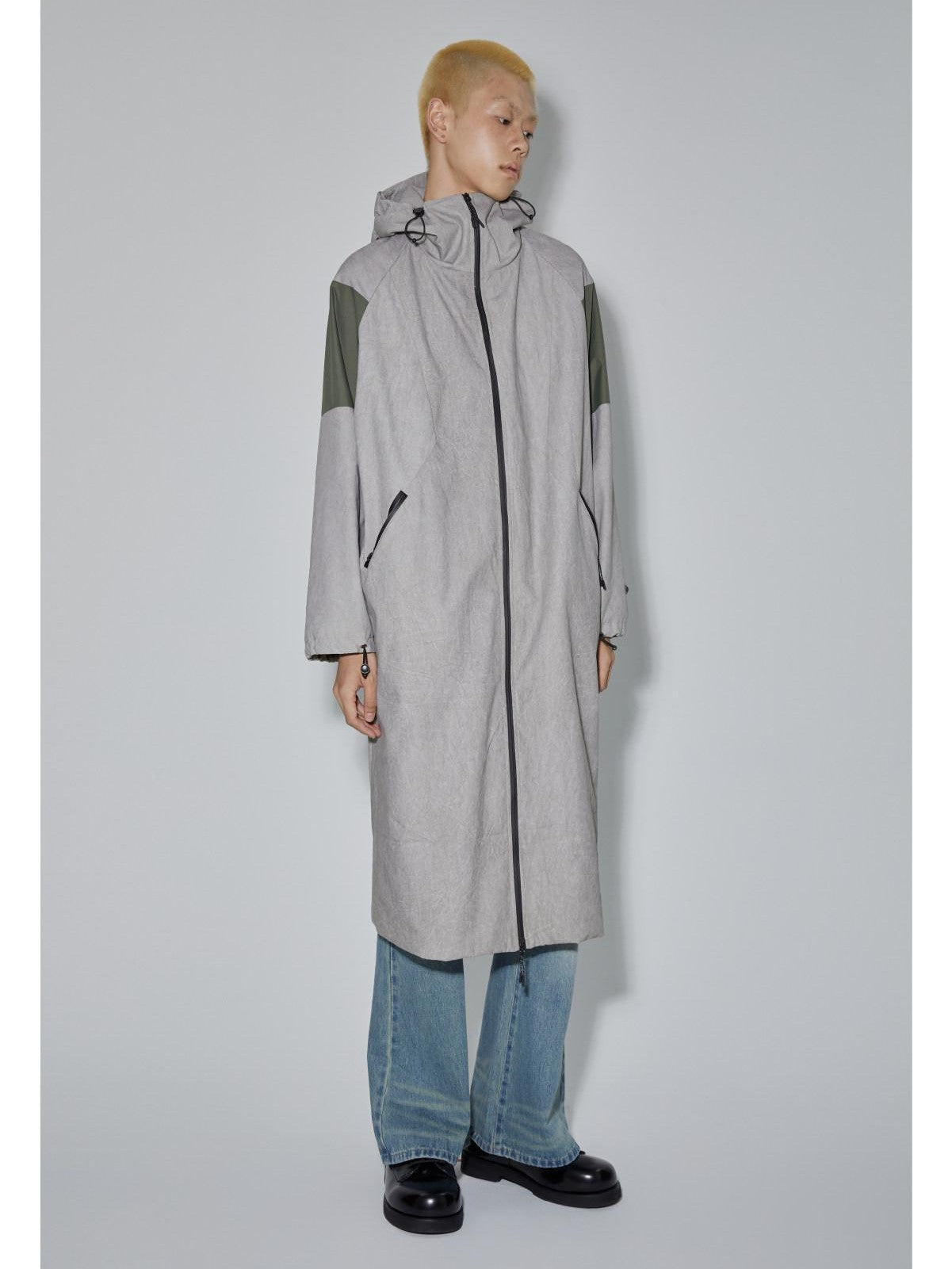 APRIORITY Gray Hooded Zip Oversized Long Functional Japanese Retro Women's Trench Coats