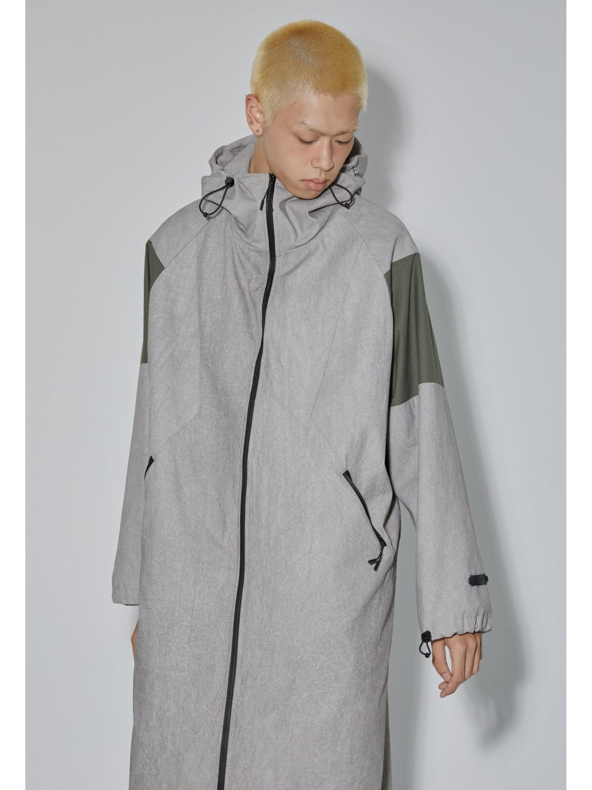 APRIORITY Gray Hooded Zip Oversized Long Functional Japanese Retro Women's Trench Coats