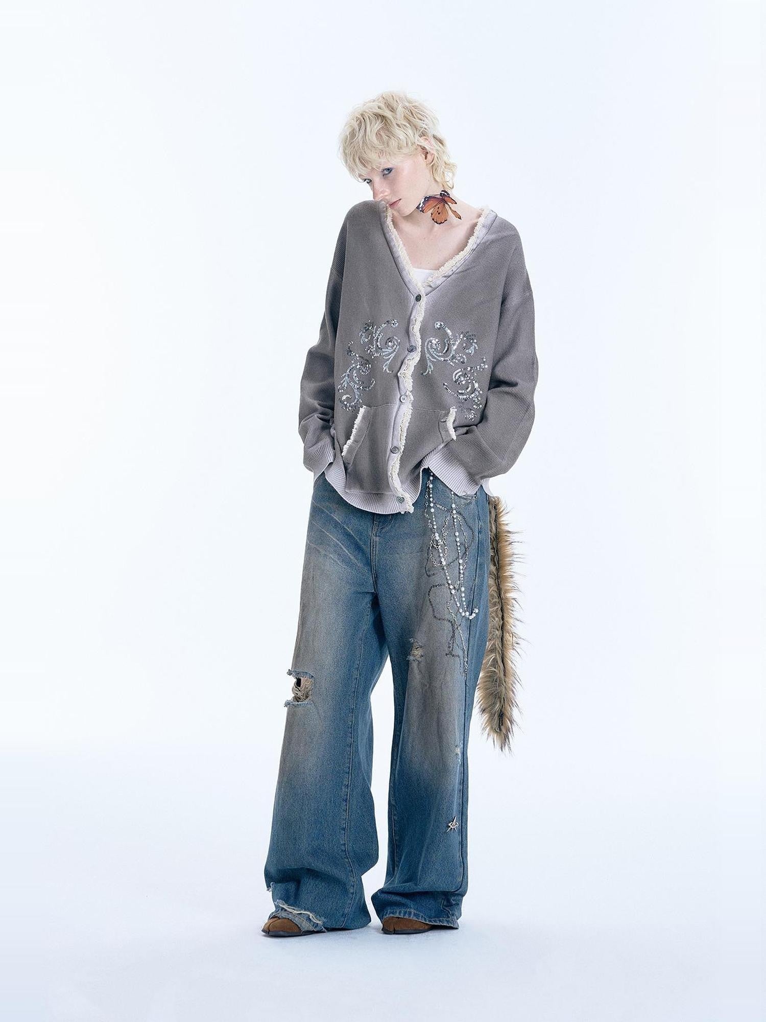 APRIORITY Gray Sequin Embroidered Distressed Women's Recycled Viscose Blend Cardigans